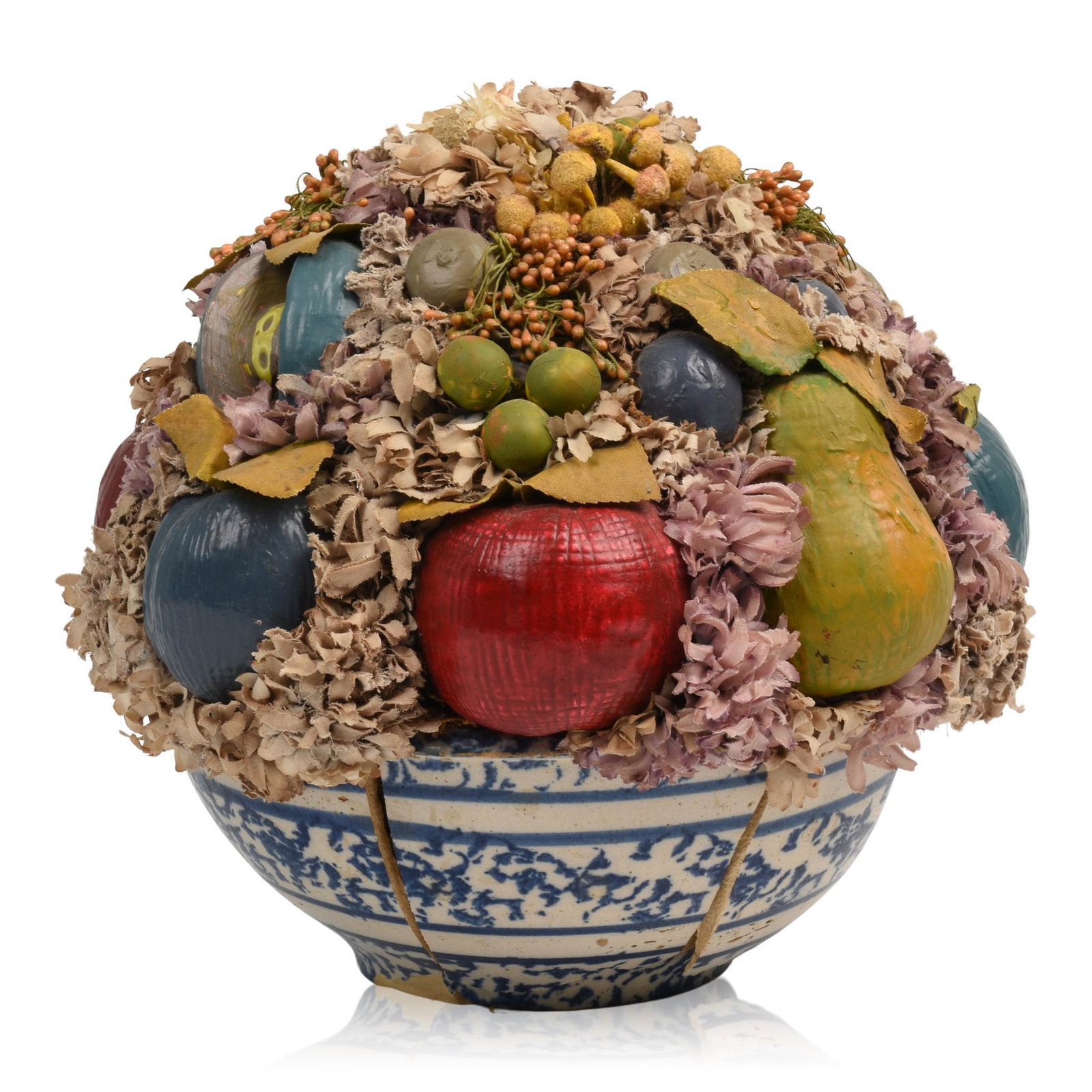 Doris Stauble Folk Art Still Life Arrangement.: In a spongeware bowl, height 10 inches. Breaks to bowl.