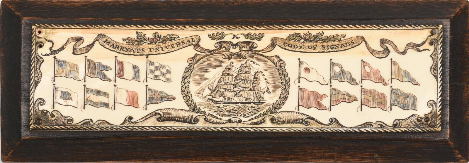 Polychrome Scrimshaw Placque With Signal Flags.: Mid 19th century. Marryats Universal Code of Signals, 8.125 x 2.125 inches, mounted on a wooden base. Captain Frederick Marryat of the Royal Navy introduced his system of signals in 1817, and it was w