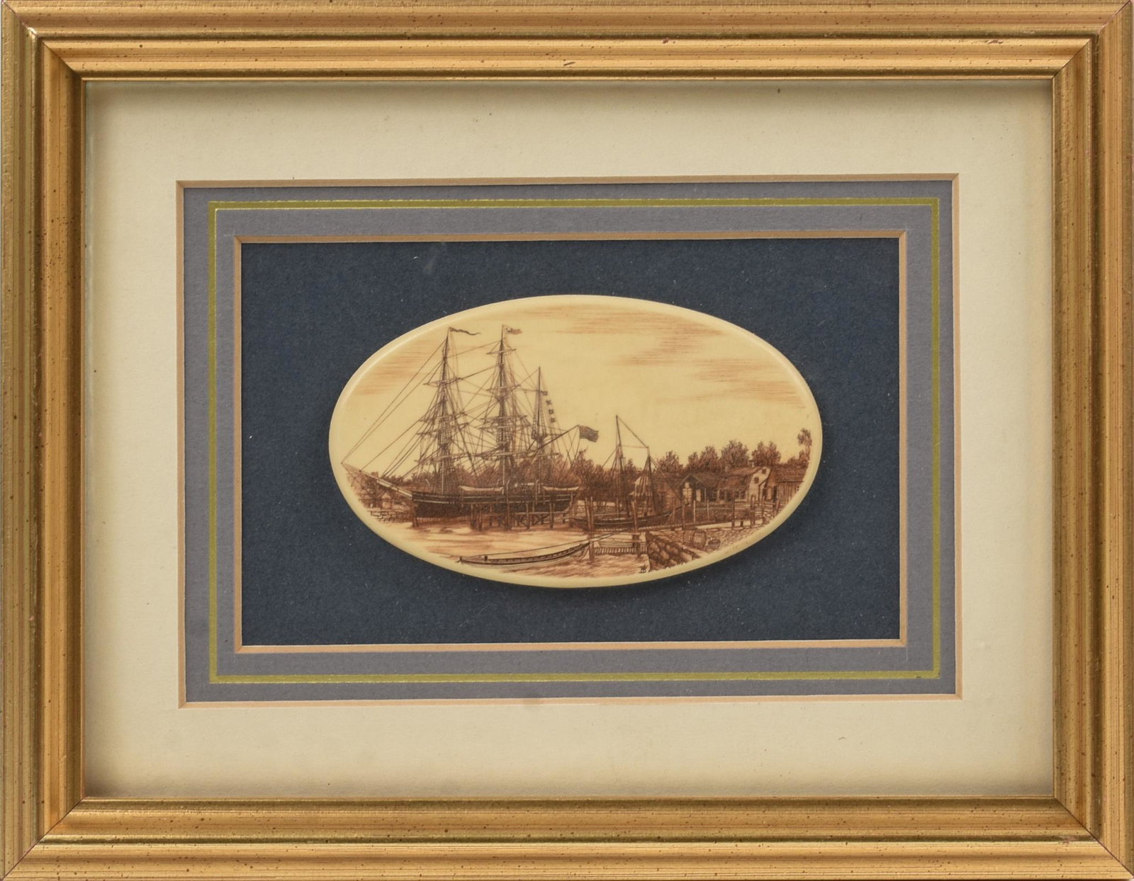 Scrimshaw Placque With Ships at Drydock.: 4 x 2.5 inches, framed.