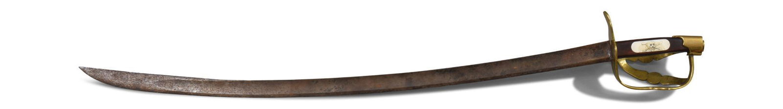 Basket Hilt Sword with Scrimshawed Handle: An 18th c. blade with indistinct touch mark, brass basket hilt stamped Paris and with a two initial makers mark and a conjoined AP mark, later wood handle with scrimshawed skull and crossbones. Length