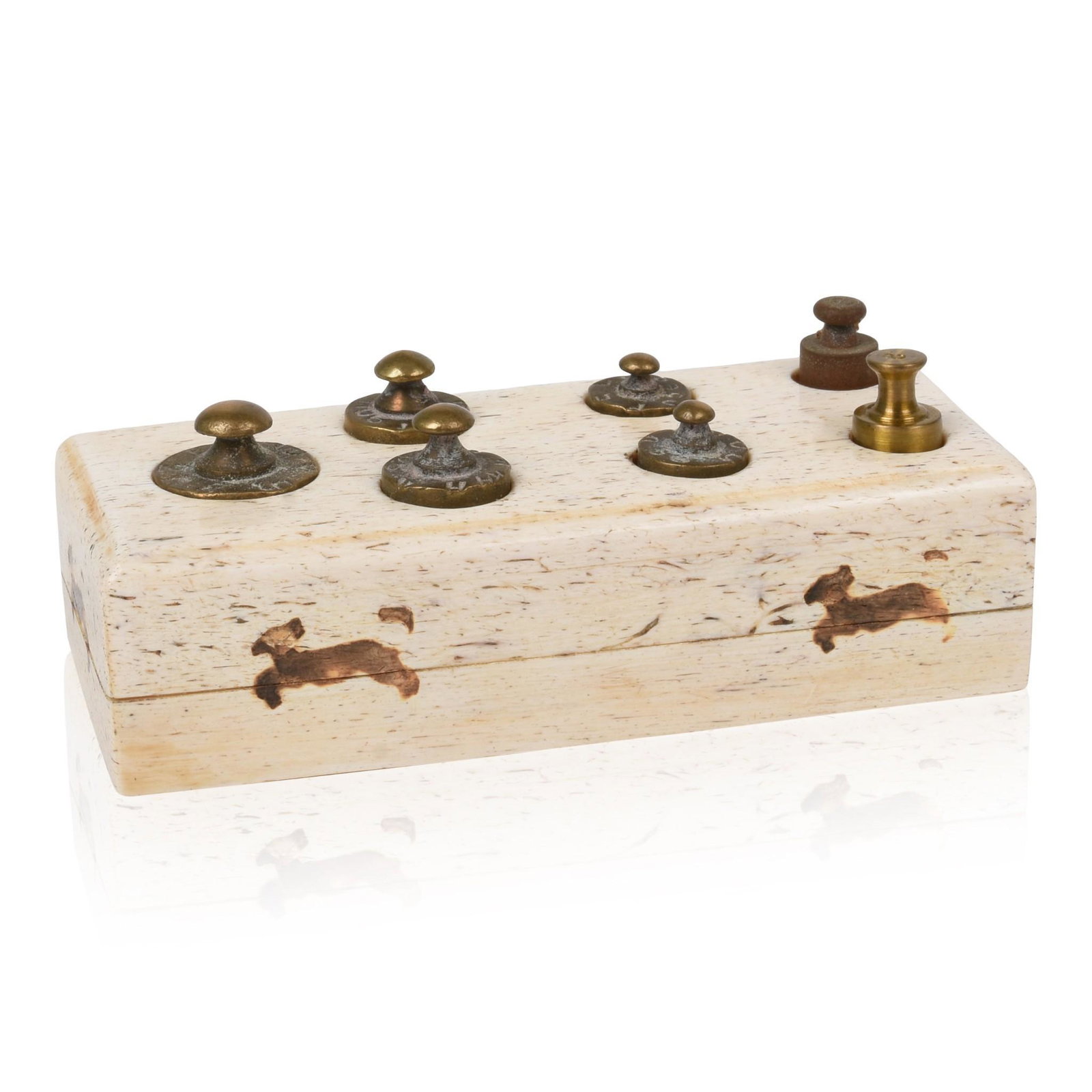 Brass Scale Weights in a Bone Holder.: The holder 3.25 x 1.5 x .875 inches.