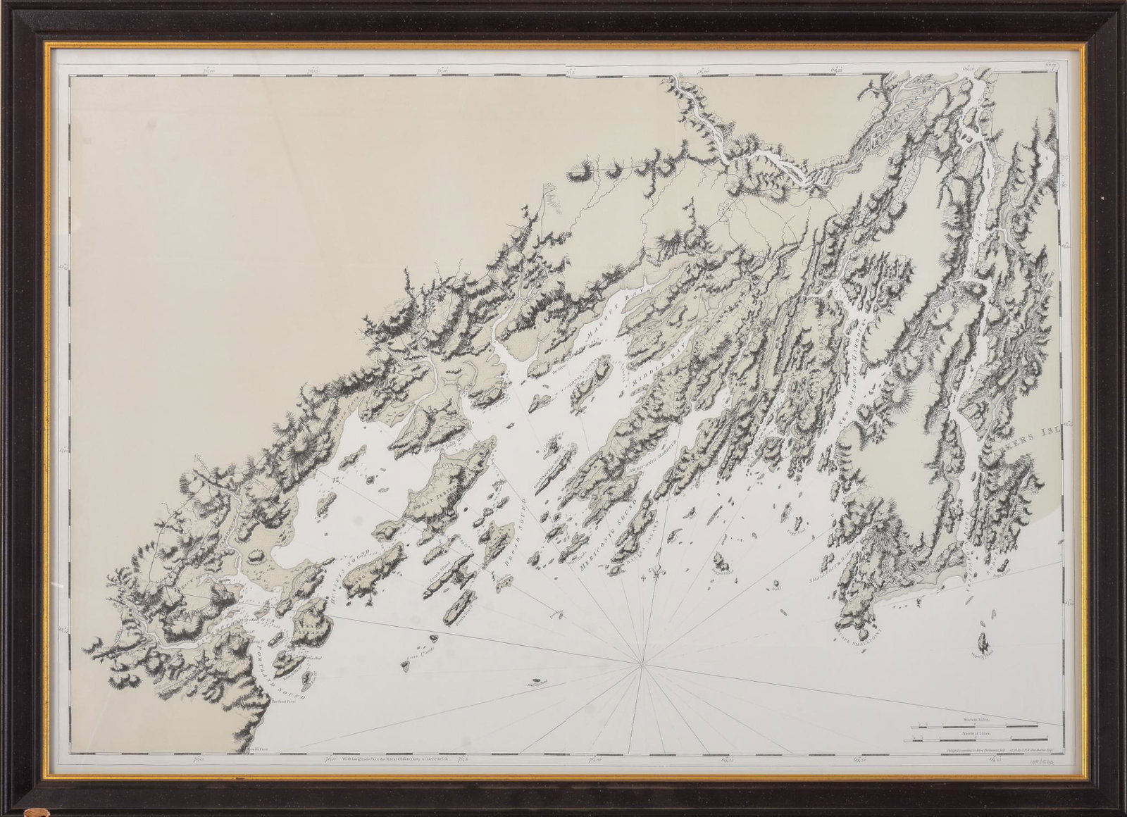 19th Century Chart of Casco Bay.: Lithograph on paper, 24 x 34 inches, sight. Framed, small damage to lower left of frame.