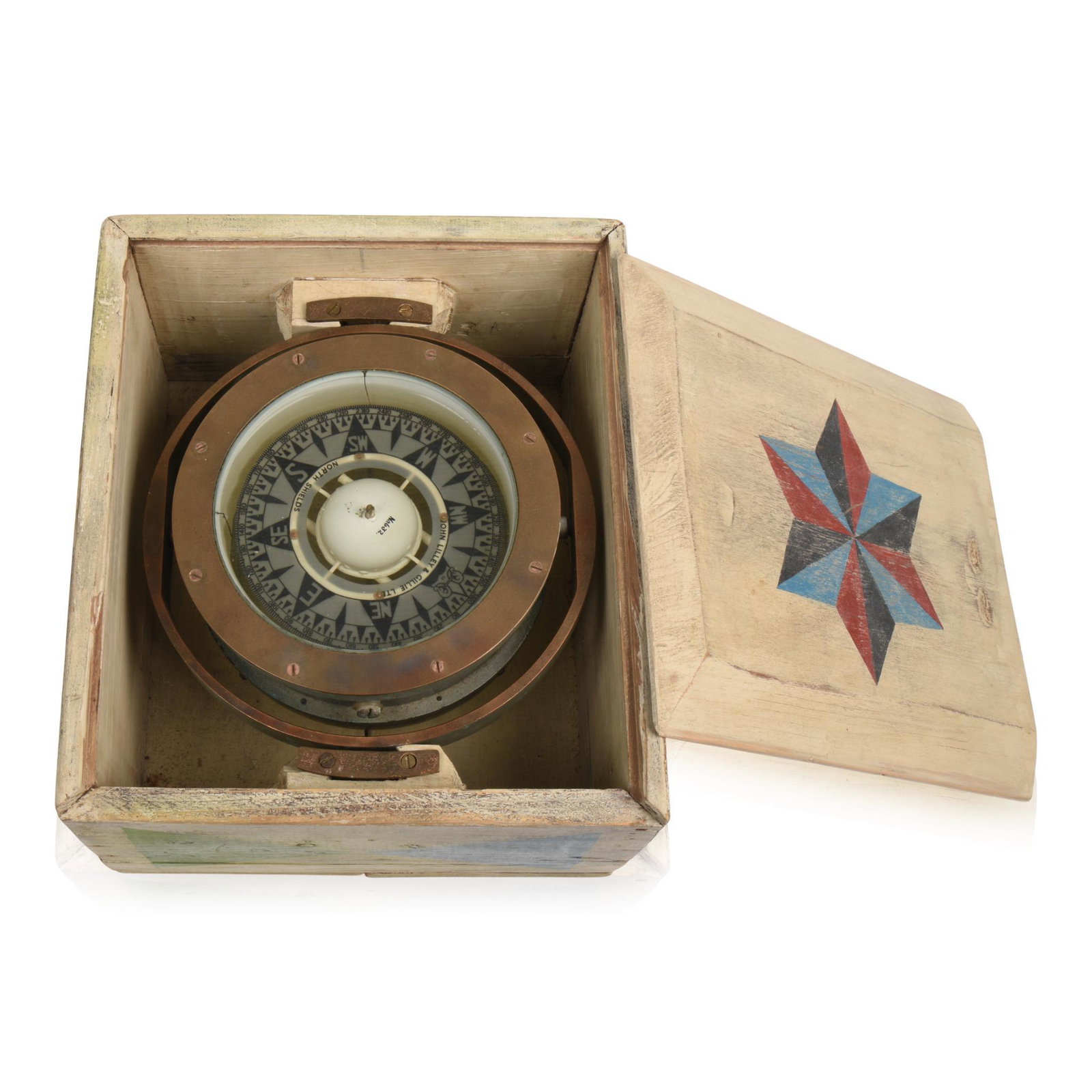 Gimbaled Compass in a Paint Decorated Box.: The compass by John Lilley & Gillie, Ltd. North Shields. Box 13.5 x 12 x 8 inches.