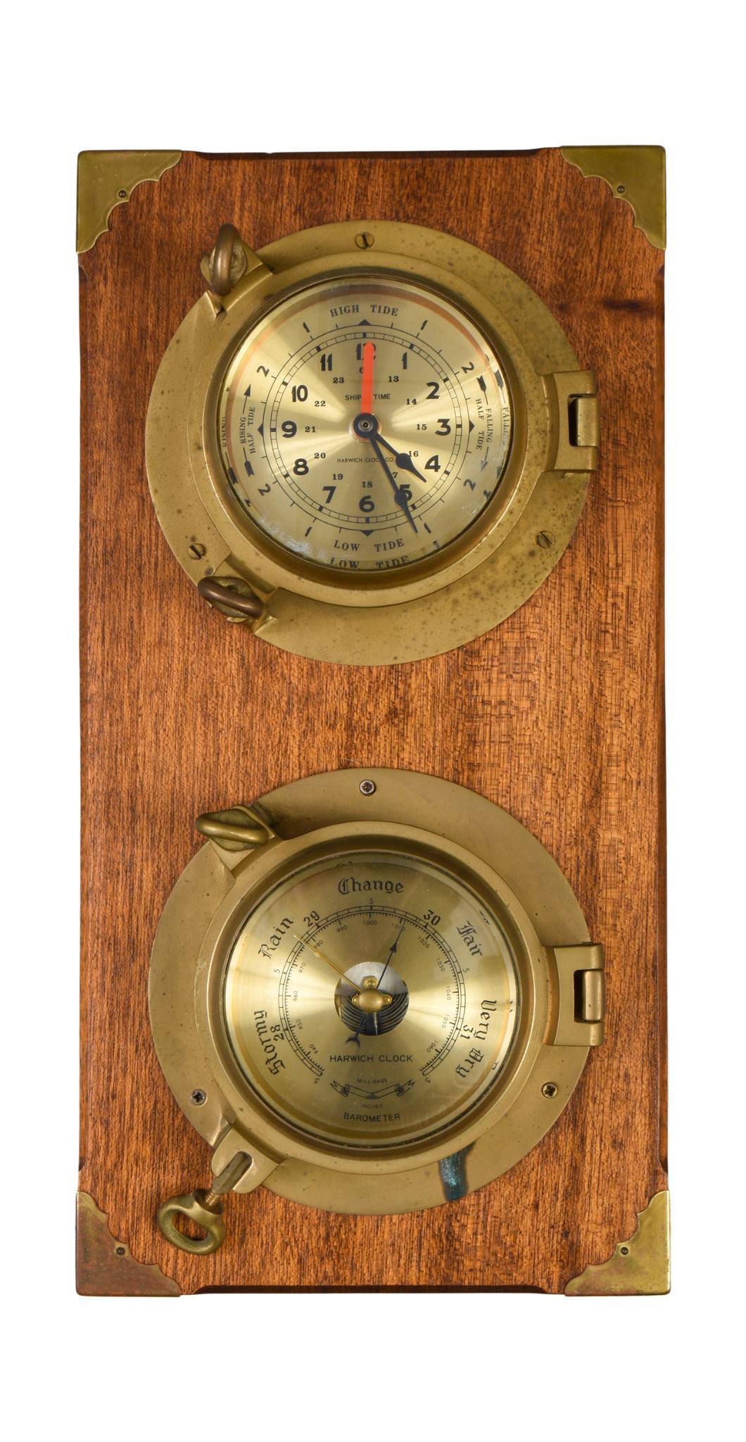 Harwich Clock Co. Tide Clock and Barometer.: Brass on a mahogany backboard, backboard 19 x 10 inches.