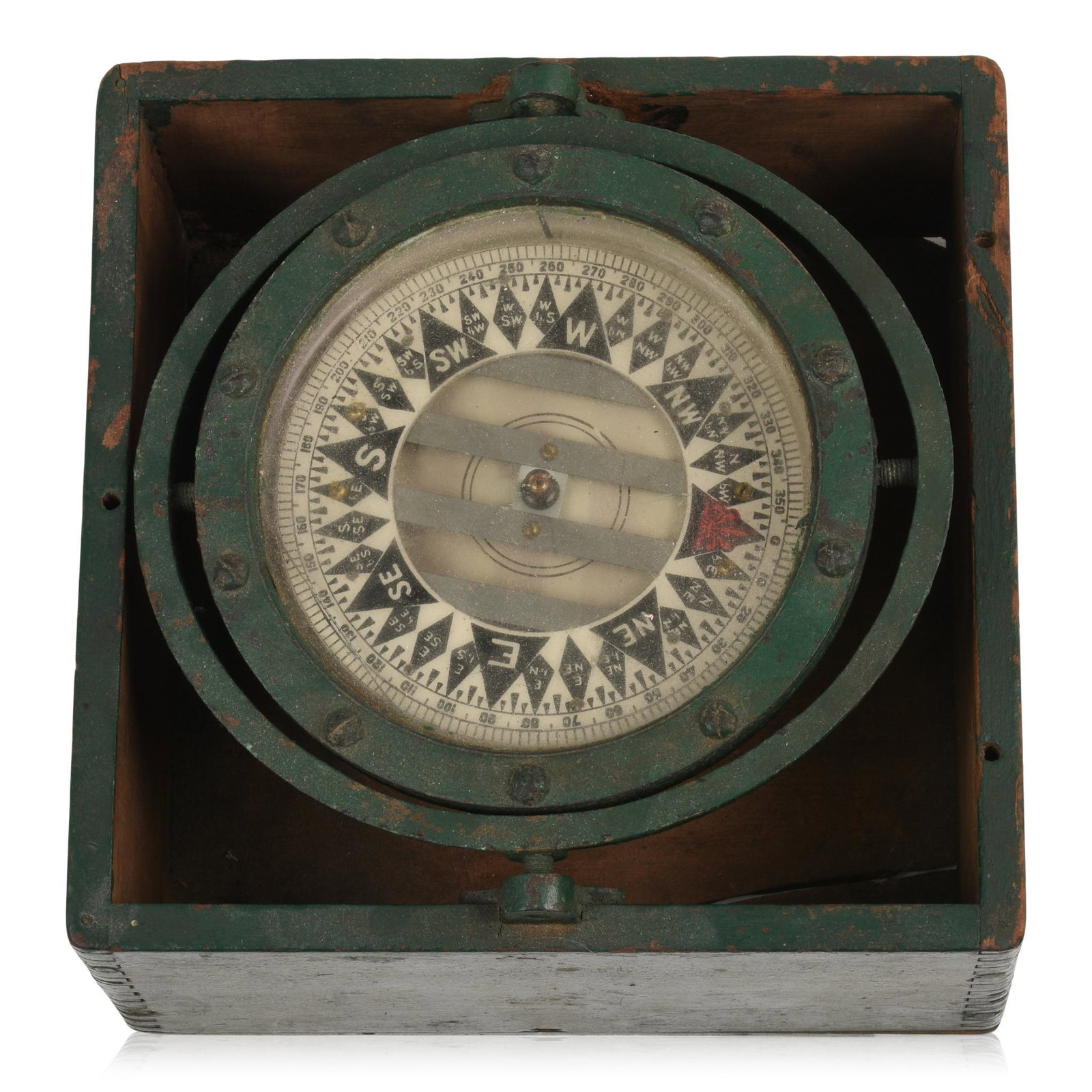 Gimbaled Compass In Green Painted Case.: Case 9.25 x 9.25 x 5.5 inches. Lacking cover.