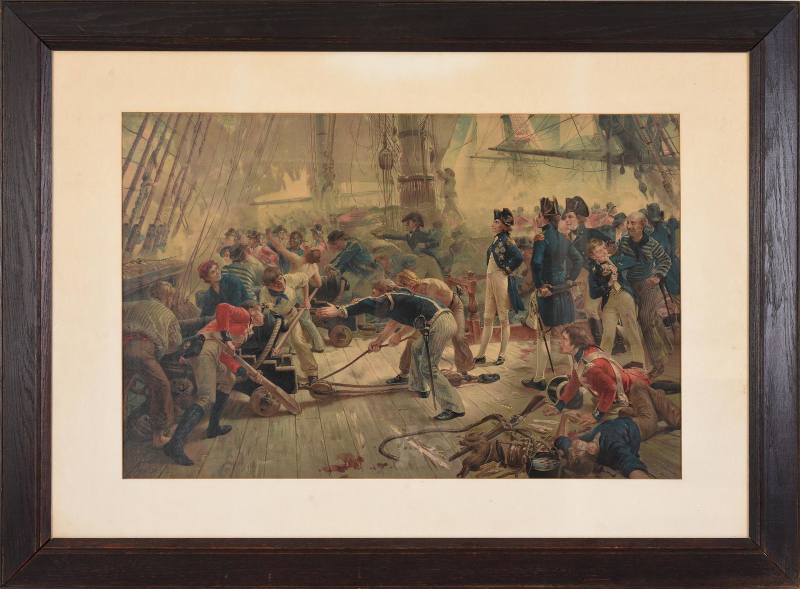 Hero of Trafalgar Lithograph after W.H. Overend: Supplement to "Holly Leaves," the illustrated and dramatic news, Christmas 1898. Printed by Orford Smith Ltd. St. Albans. 21 x 32 inches, sight. Framed, 34 x 45.5 inches. Not examined out of f
