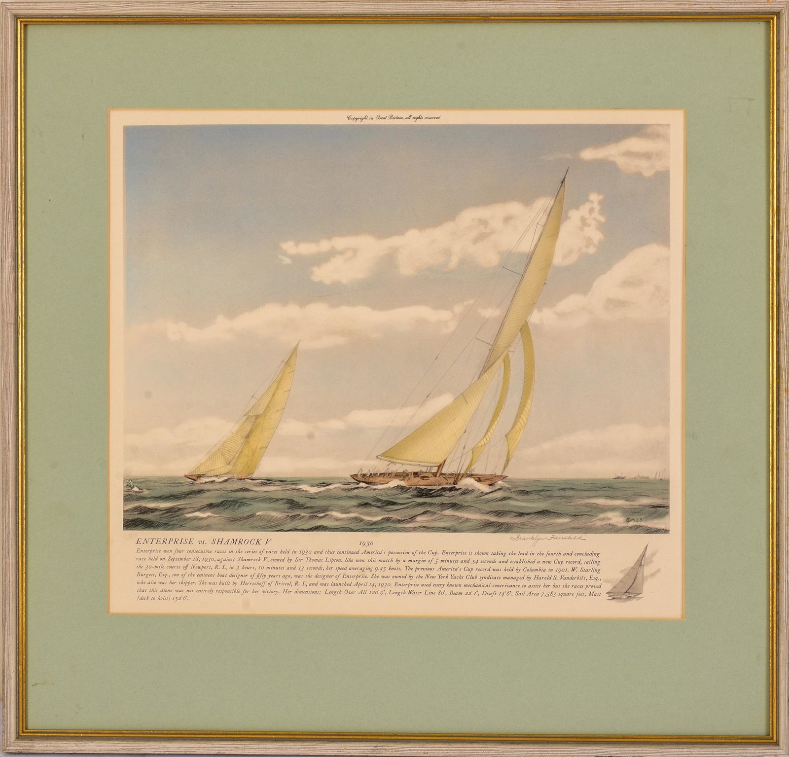 Franklyn Fairchild. Enterprise vs. Shamrock V.: Offset lithograph on paper, image 11.25 x 15 inches, pencil signed. Framed, no glass, 21 x 22 inches.