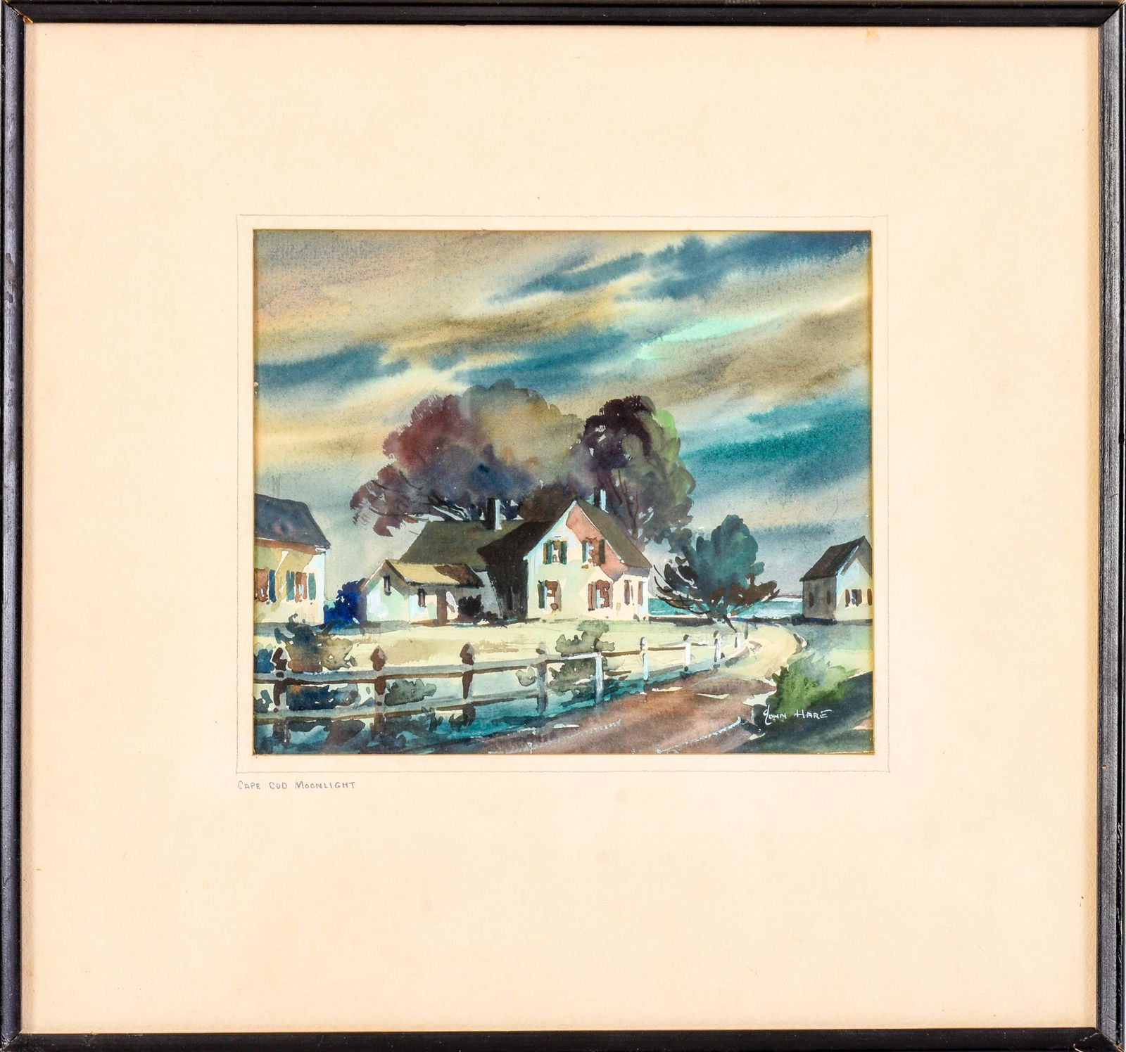 John Cuthbert Hare (1908 - 1978). Cape Cod Moonlight.: Watercolor on paper, 7 x 8 inches, sight, signed lower right, titled on the mat. Framed, 14 x 15 inches.