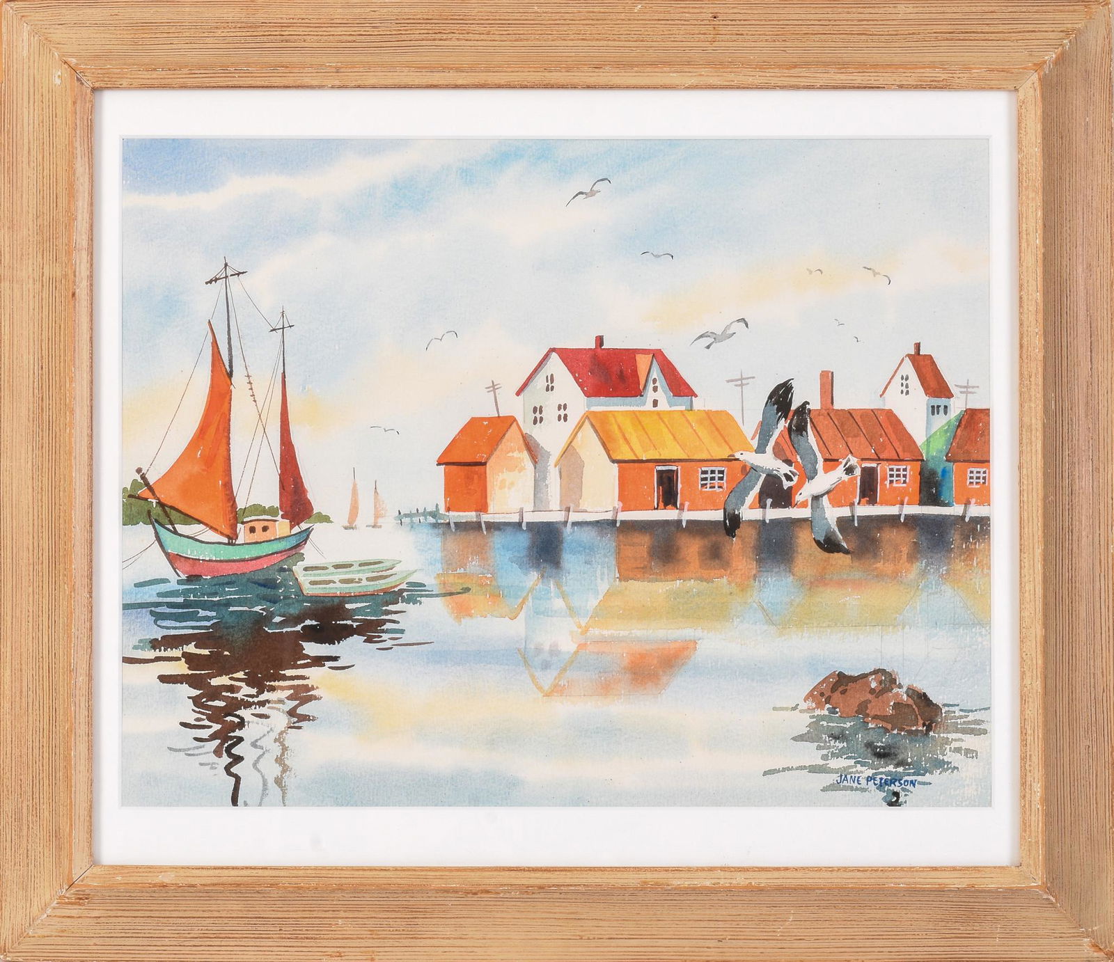 Jane Peterson Watercolor.: Watercolor on paper depicting dock and boats. Framed. 13.5 inches by 17.5 inches sight.
