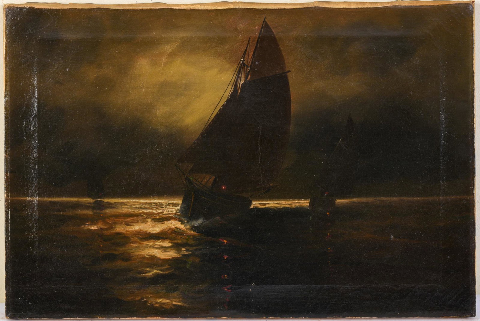 19th Century Painting of Sailboats at Night.: Oil on canvas, 16 x 24 inches, signed faintly lower left, possibly G. Chapman.