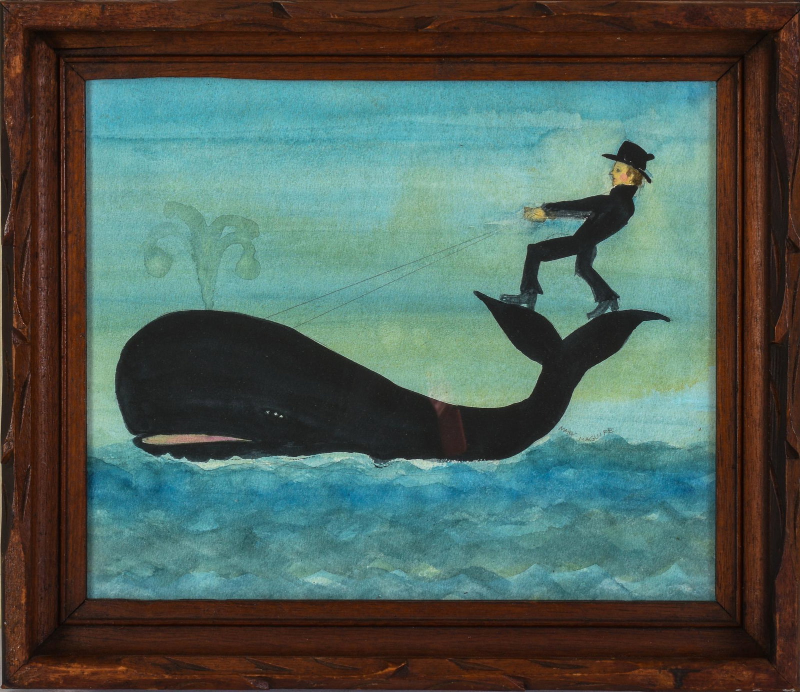 Mary Maguire. Man Riding a Whale.: Watercolor on paper, in a carved frame, 12 x 14 inches.