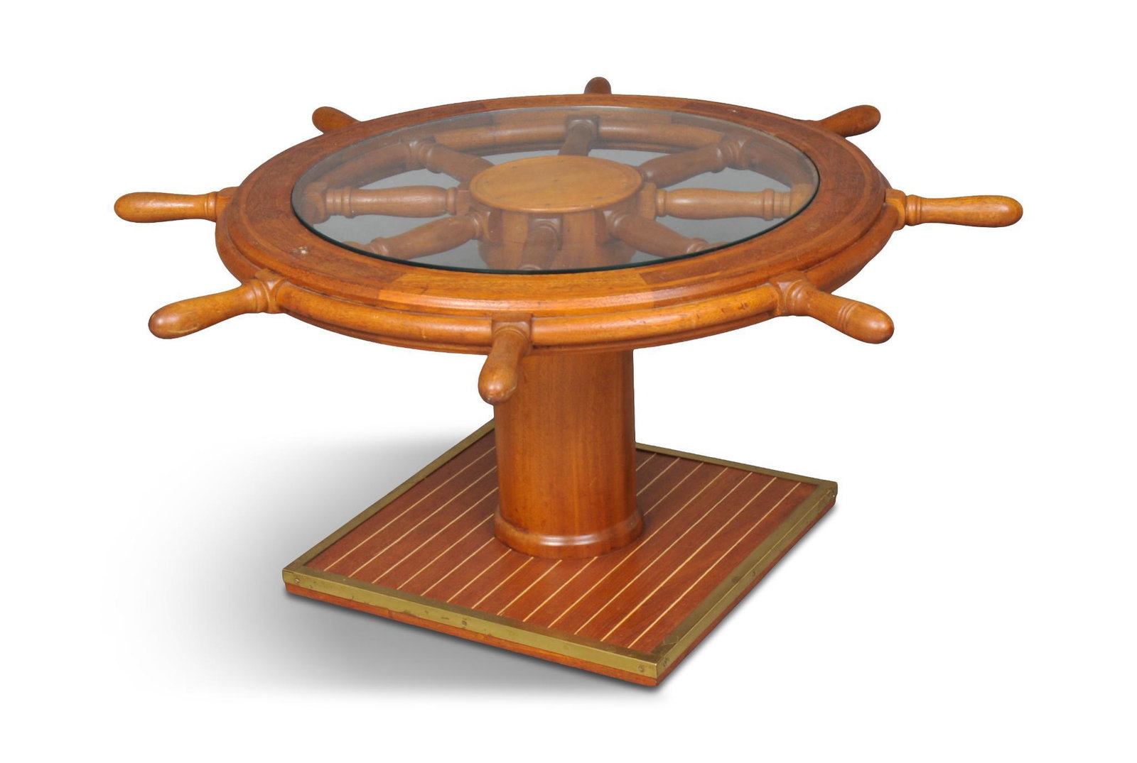 Ship's Wheel Coffee Table.: With glass top, height 20 inches, diameter including handles 43 inches. This item is not eligible for in-house shipping. If shipping is requested, it will be transferred to our third party shipping pa