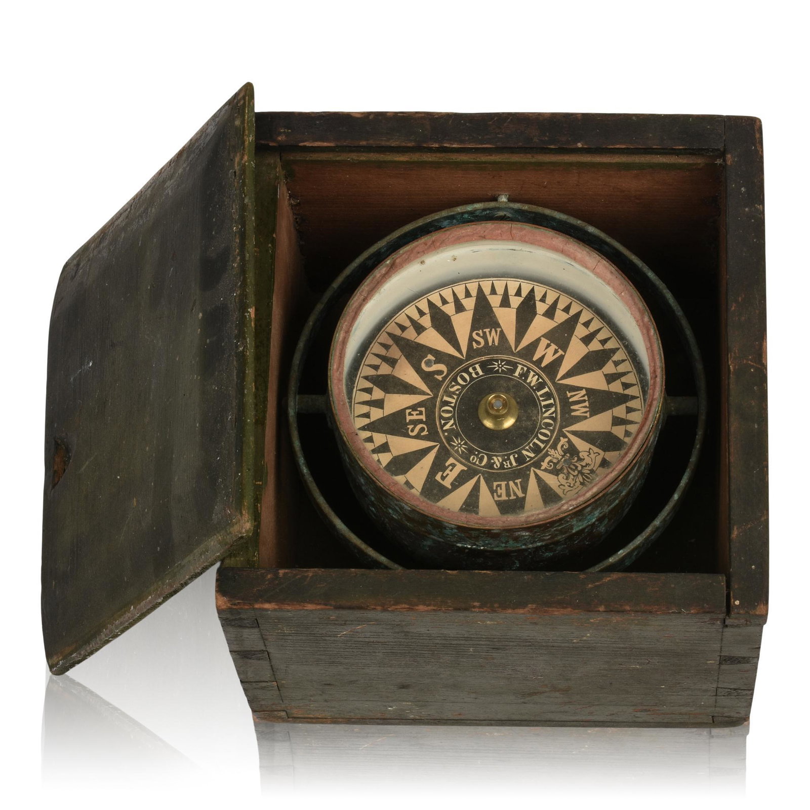 F.W. Lincoln Jr. Boston Ship's Gimbaled Compass.: Mid 19th century, in original painted box, 7 x 7 x 5.5 inches.