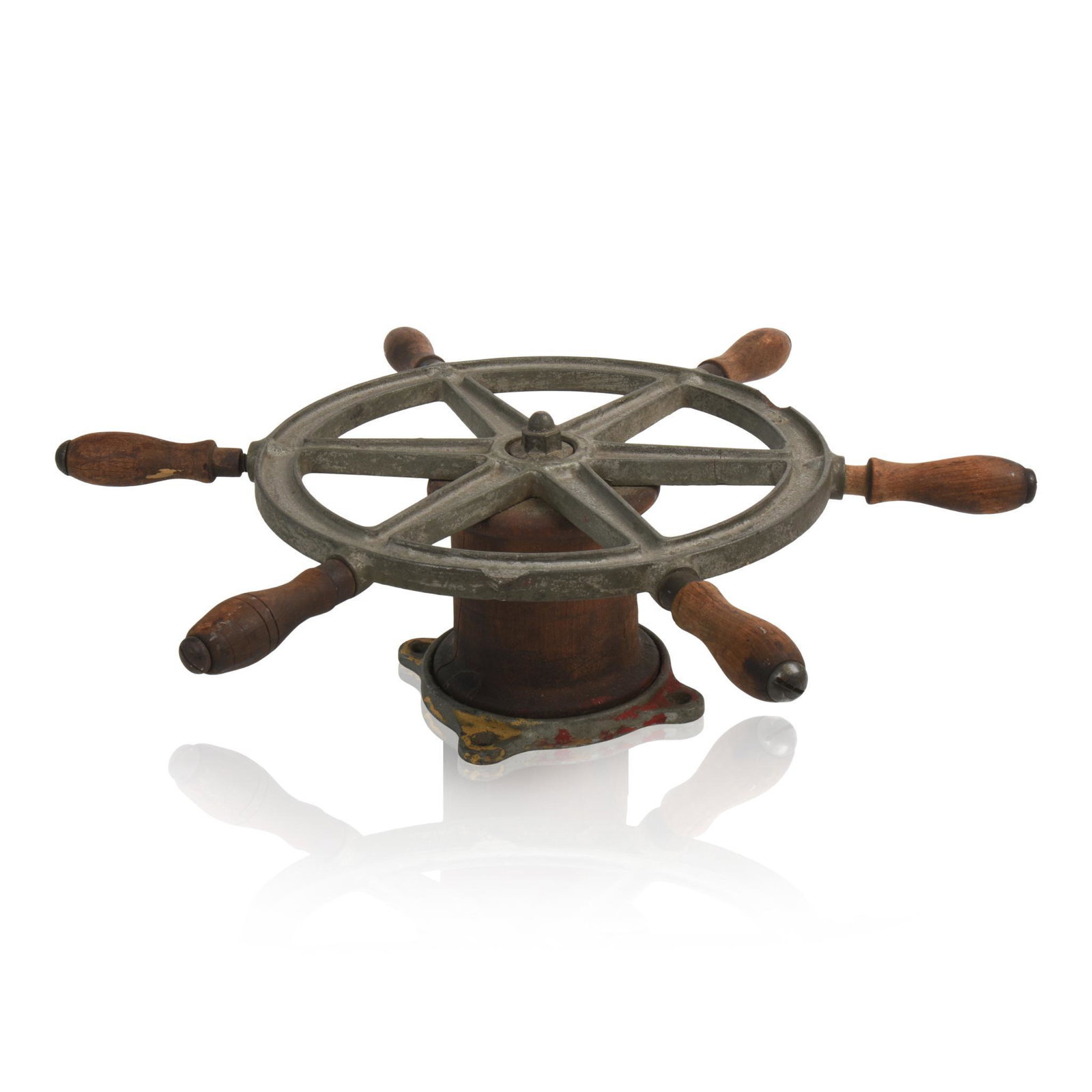 Small Metal and Wood Ship's Wheel.: Diameter of wheel 11.5 inches, width across handles 20 inches.