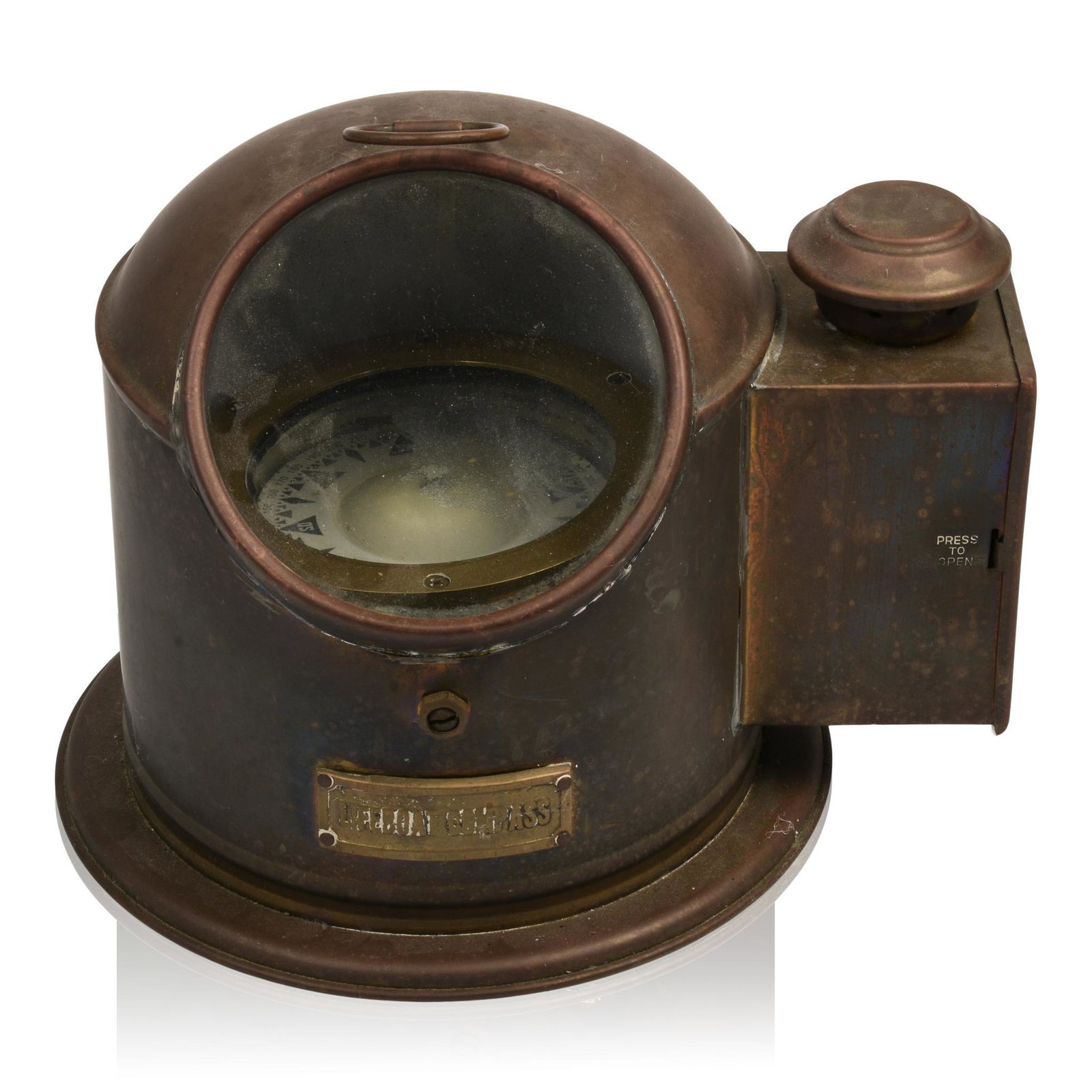 Brass Lifeboat Compass, Mid 20th Century.: Height 8.5 inches, with side lantern.