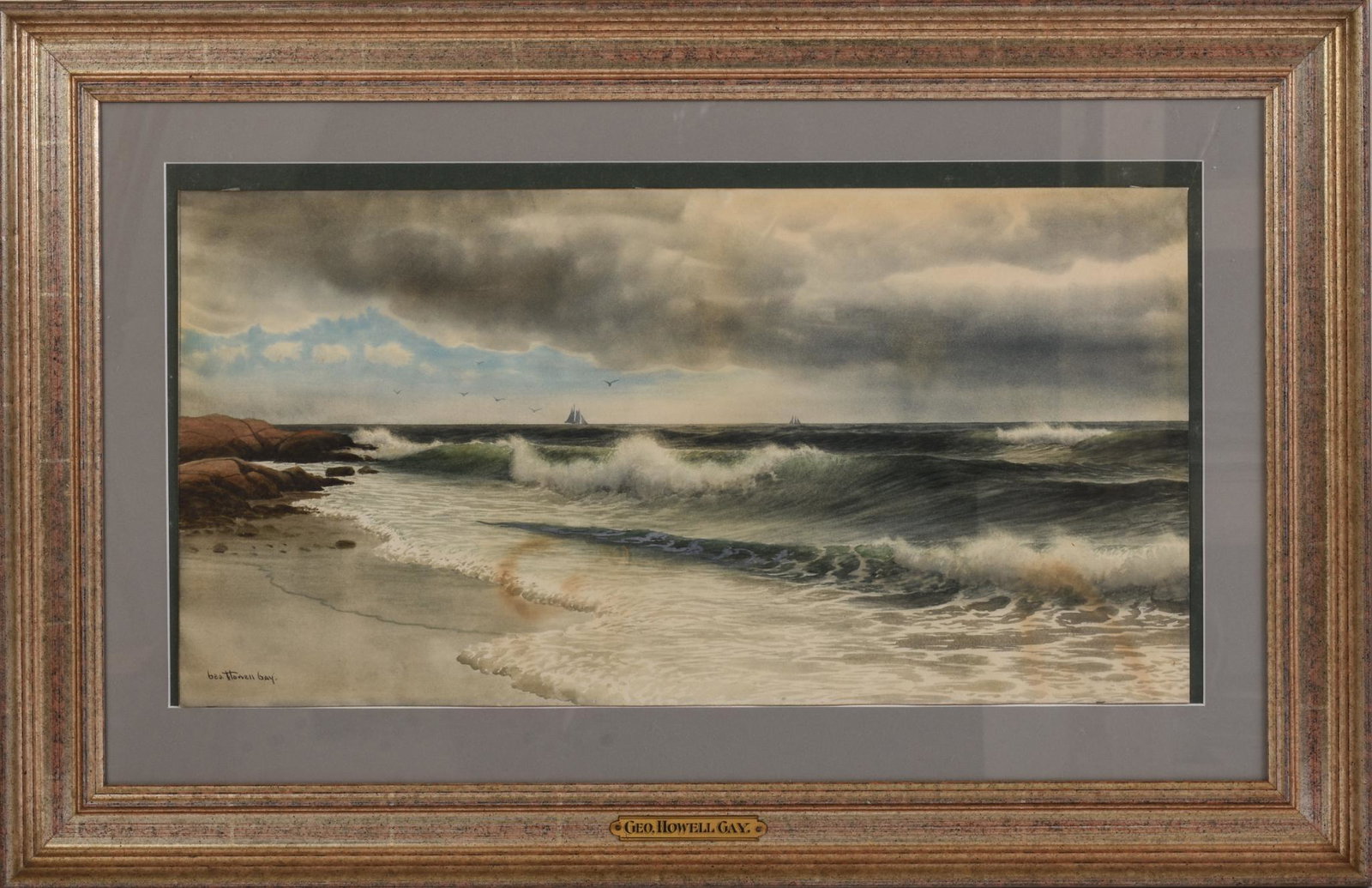 George Howell Gay. Sailboats and Surf.: George Howell Gay (1858 - 1931). Watercolor on paper, 10 x 19.5 inches, signed lower left. Framed, frame 17 x 26.5 inches.