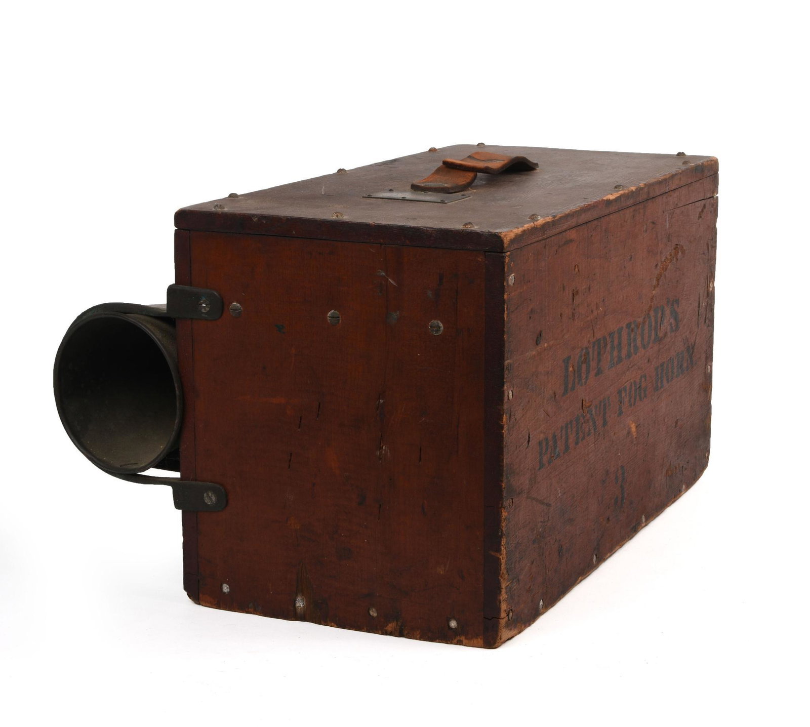 19th C Ship's Fog Horn No. 3 by L.D. Lothrop: Gloucester, Mass in original old red paint. Height 10 inches, width 17.5 inches, depth 9 inches.