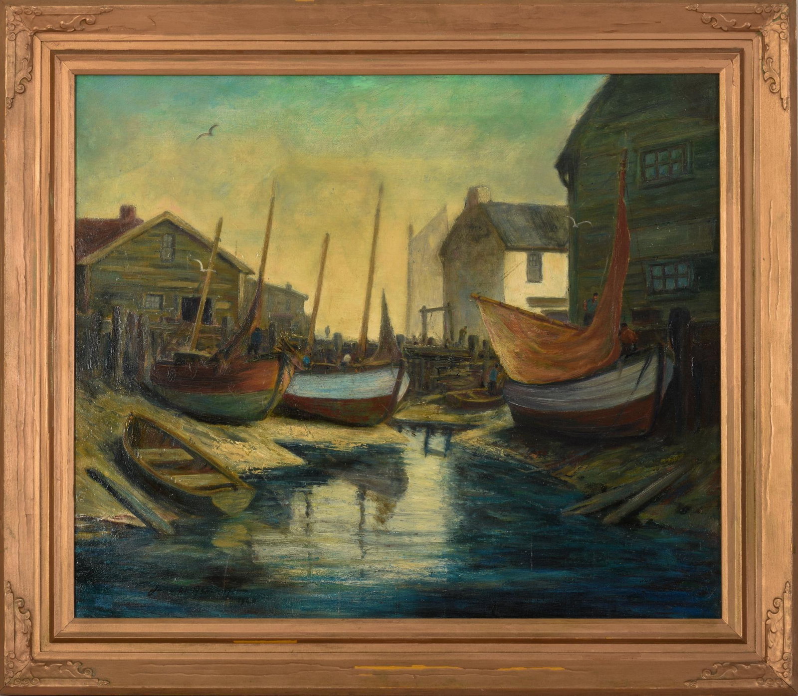 James William Ashcroft (1899 - 1971). Boats at Water's Edge.: Oil on canvas, signed LL & on stretcher 1940. 22 x 26 inches. Framed, 28 x 32 inches.