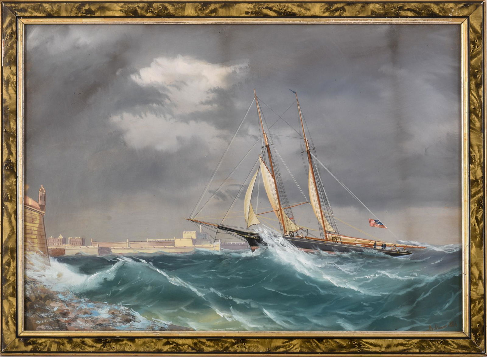 Antonio DeSimone (1851 - 1907)  American Sailboat Entering Harbor. (1 of 2)