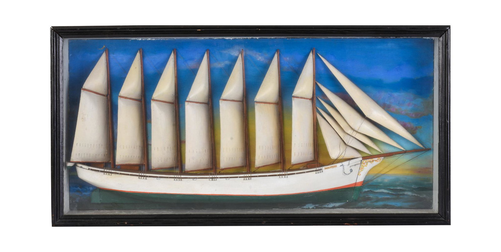 Diorama of the Schooner Thomas W. Lawson.: Case 17 x 34 inches. Includes a photograph of the seven masted schooner. The Thomas W. Lawson, launched in 1902, was the largest sailing vessel ever built.