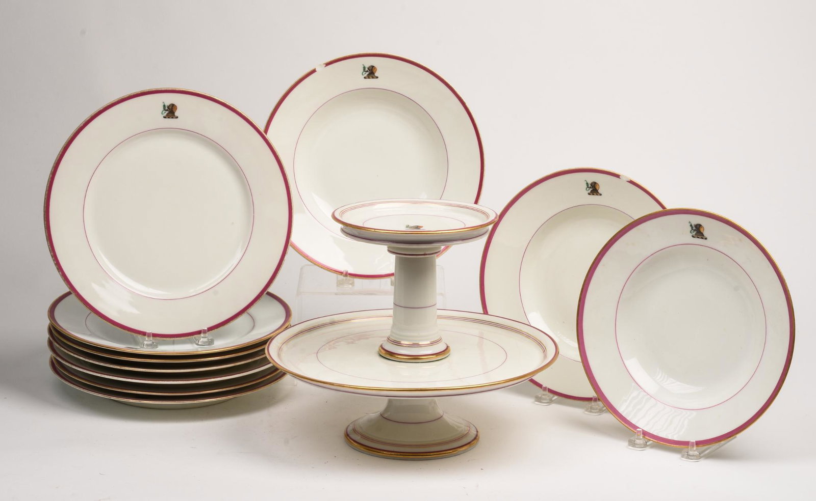 Group of Armorial Porcelain With Appleton Family Crest.: Including a tiered stand, height 9.5 inches, six Haviland Limoges dinner plates, diameter 10 inches, a Japanese dinner plate, and three Haviland soup plates, diameters 9 inches. Chips to rims of two s