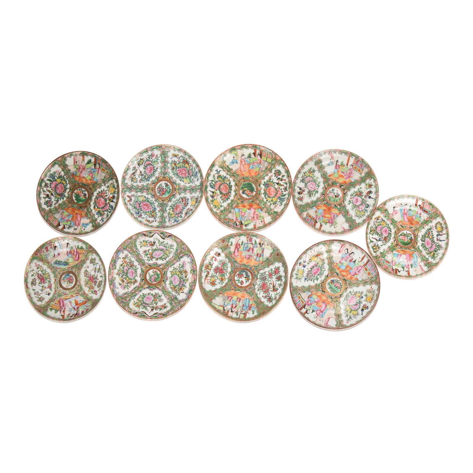 Nine Chinese Export Rose Medallion Plates.: Diameters approximately 9.5 inches, two marked China at base. 19th and 20th century.
