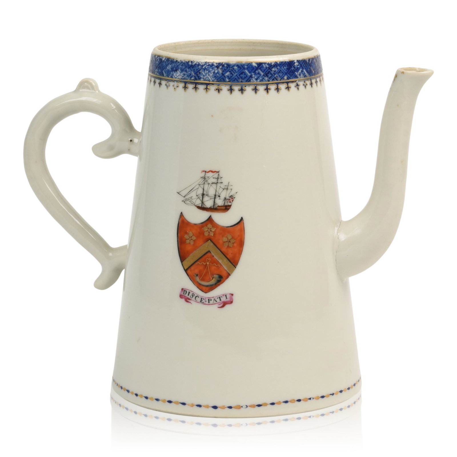 American Market Armorial Chinese Export Coffee Pot: For Robert Henry Dunkin of Philadelphia And New York, Circa 1795. The Polychrome Enamel Ship above an Armorial and "Disc E Pat I.” Height 7.5 inches. Repaired break to spout.