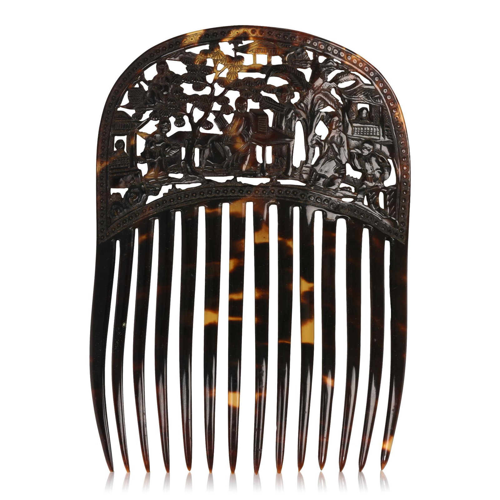 Chinese Export Tortoiseshell Hair Comb: 19th c., finely carved with a scene of a scholar and attendants in a garden. 5.125 x 3.75 inches