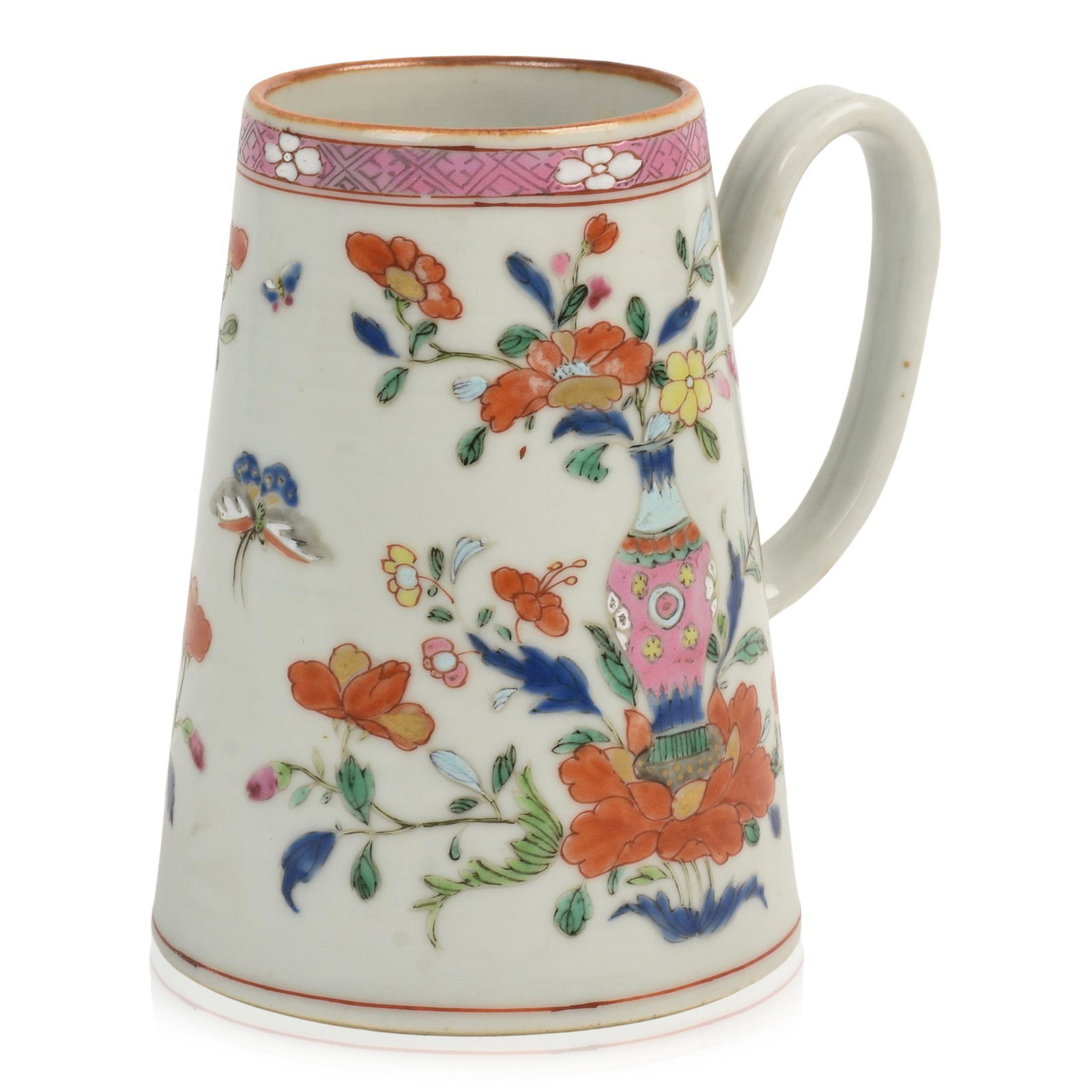 Chinese Export Porcelain Lighthouse Form Mug.: Unusual tapered body decorated with famille rose vase with flowers, 18th century. Height 4.875 inches.