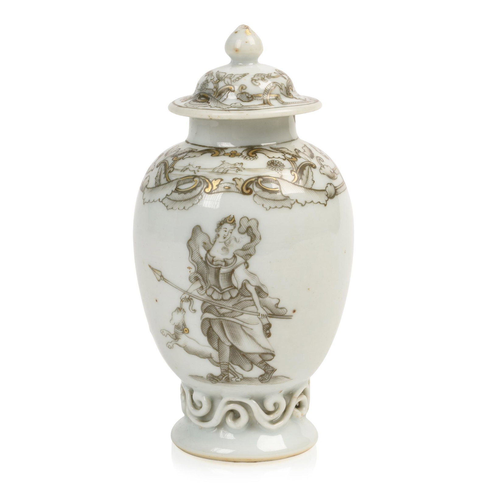 18TH C. Chinese Export Porcelain Diana Tea Caddy: Grisaille depiction of Diana with hunting motifs, height 5.75 inches. Small chip to rim.
