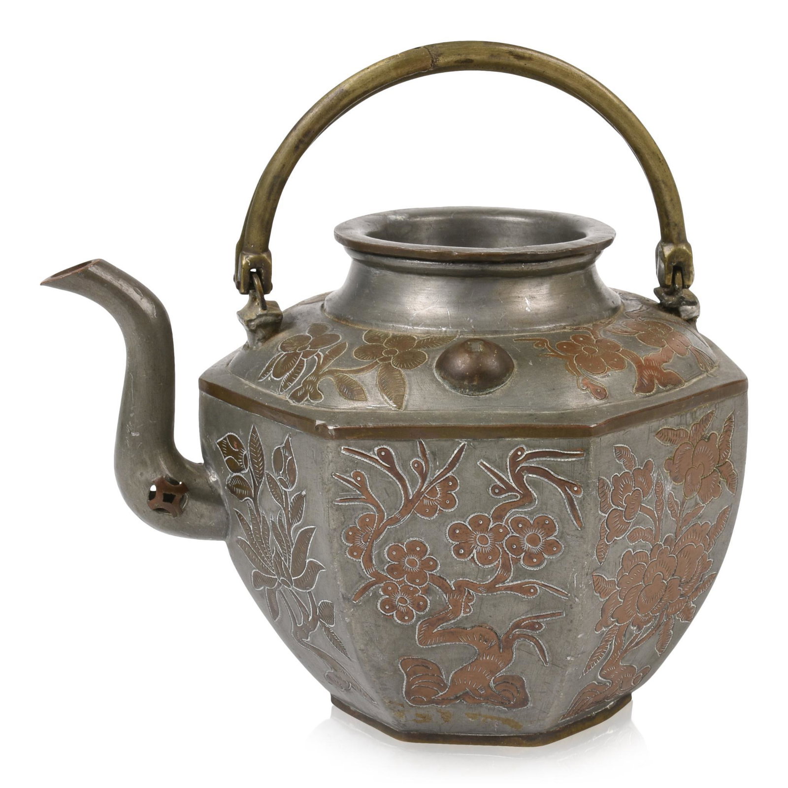 Chinese Brass Inlaid Pewter Teapot: Signed, 19th c., height 5.5 inches.