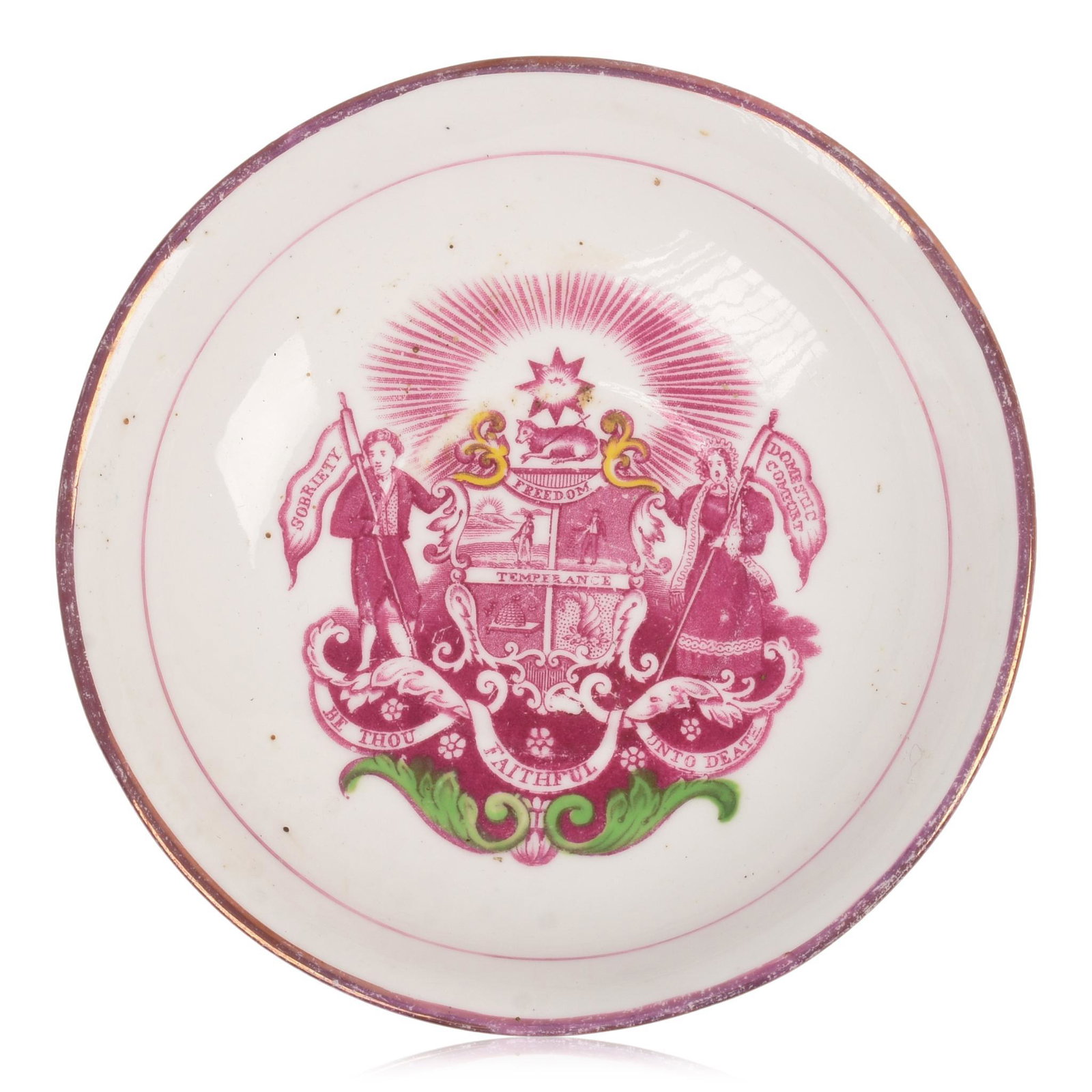 Pink Luster Dish with Temperance Decoration: c. 1850, diameter 5.5 inches.