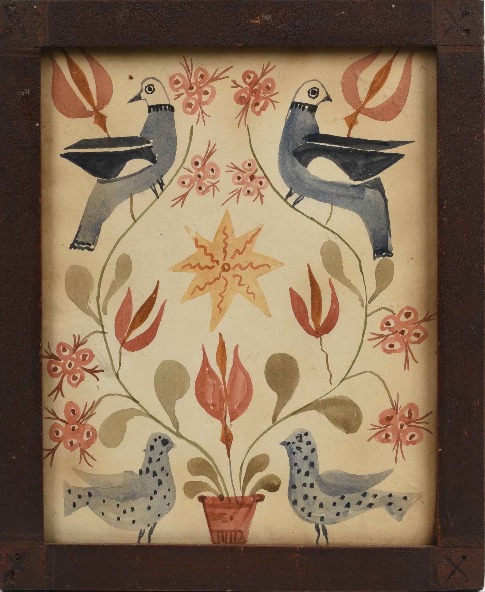 Primitive Watercolor Bird Fraktur.: 9.5 x 7.5 inches, sight. In a 19th century frame, 11.5 x 9.5 inches.