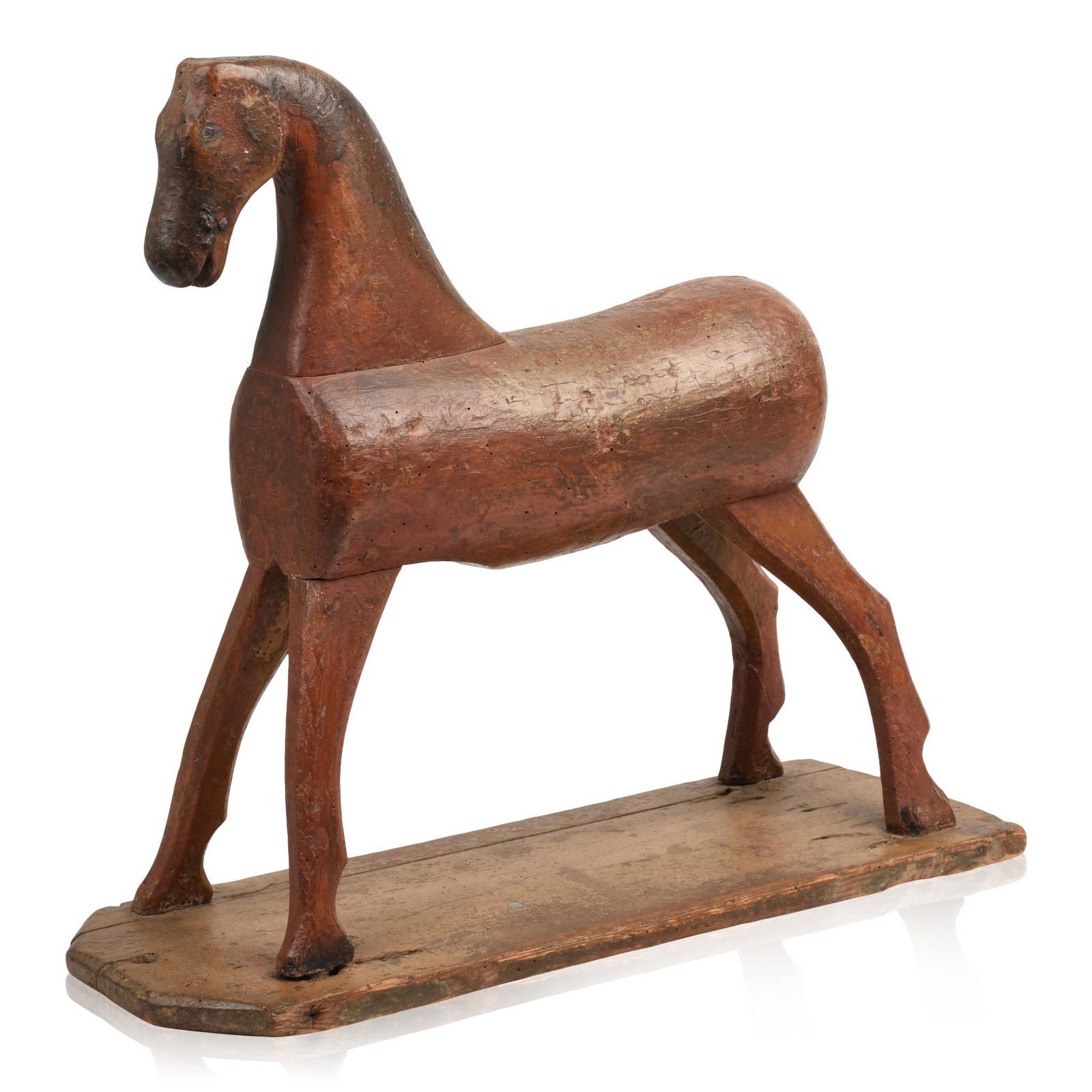 19th Century Wooden Toy Horse.: Length 21.5 inches, height 21 inches. Originally wheeled, lacking wheels and tail.