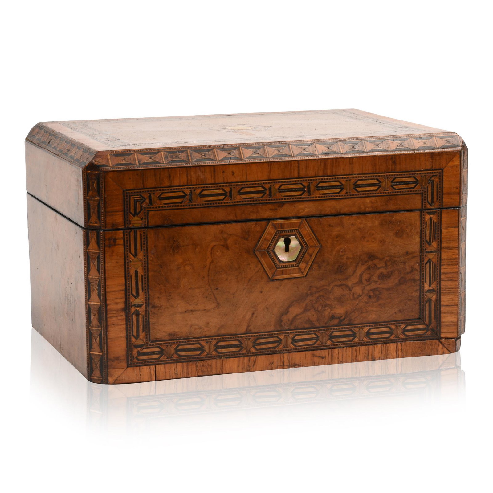19th Century American Dressing Box: With burlwood, mother of pearl & extensive inlay. The interior fitted with jars. Height 7 inches, width 12 inches, depth 9 inches.