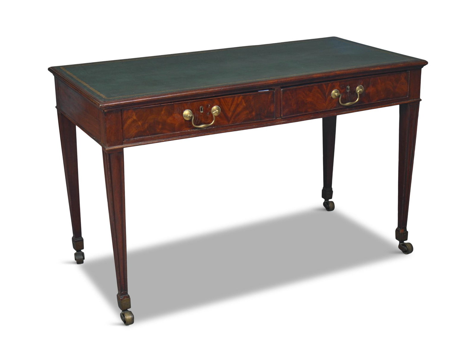 18th C Georgian Mahogany Writing Desk.: With leather top and two drawers, height 30.5 inches, top 50 x 25 inches. This item is not eligible for in-house shipping. If shipping is requested, it will be transferred to our third party shipping 