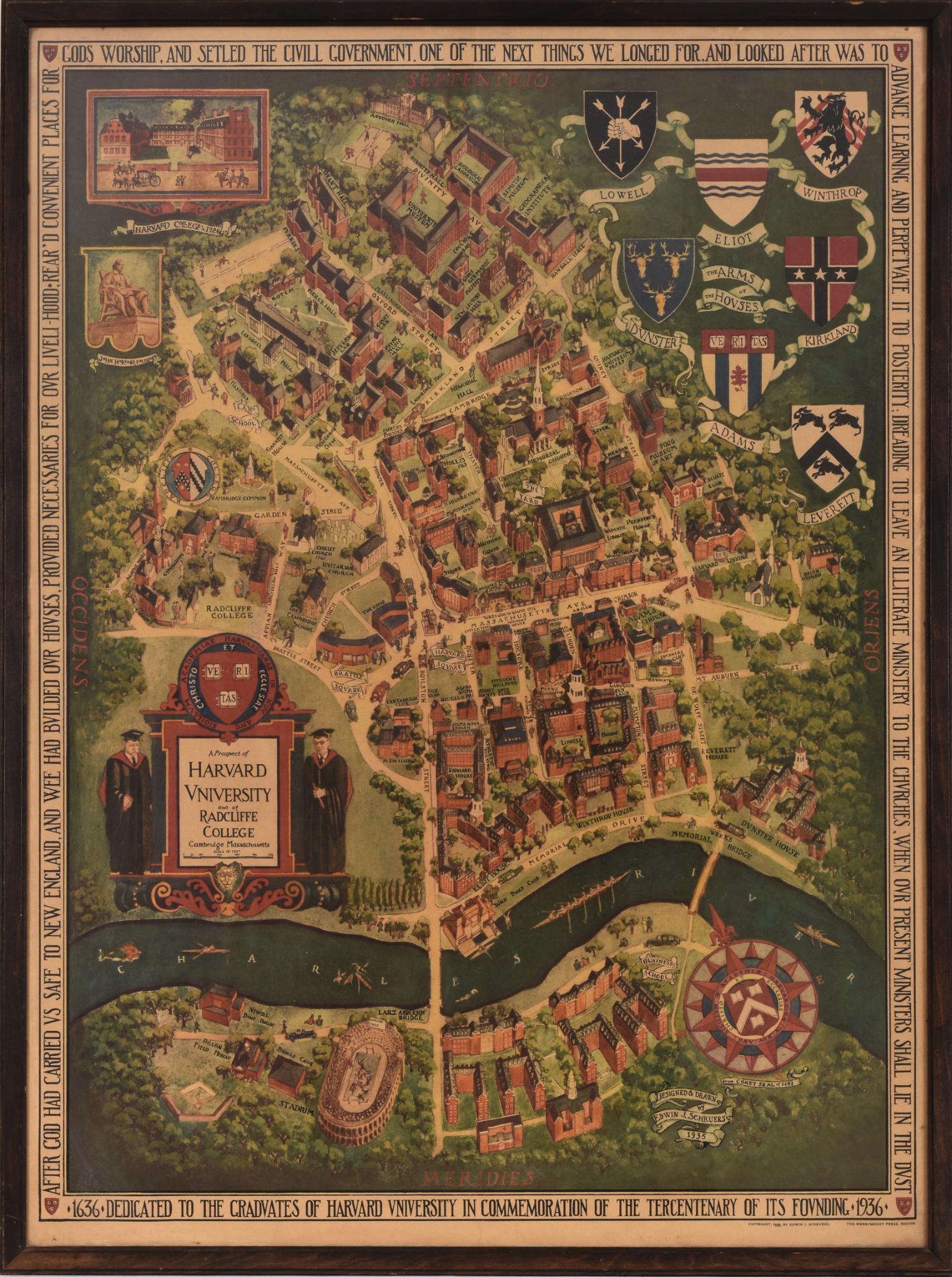 1935 Map of Harvard University and Radcliffe College.: A Prospect of Harvard University and of Radcliffe College. Copyright 1935, Edwin J. Schruers, The Merrymount Press, Boston.
