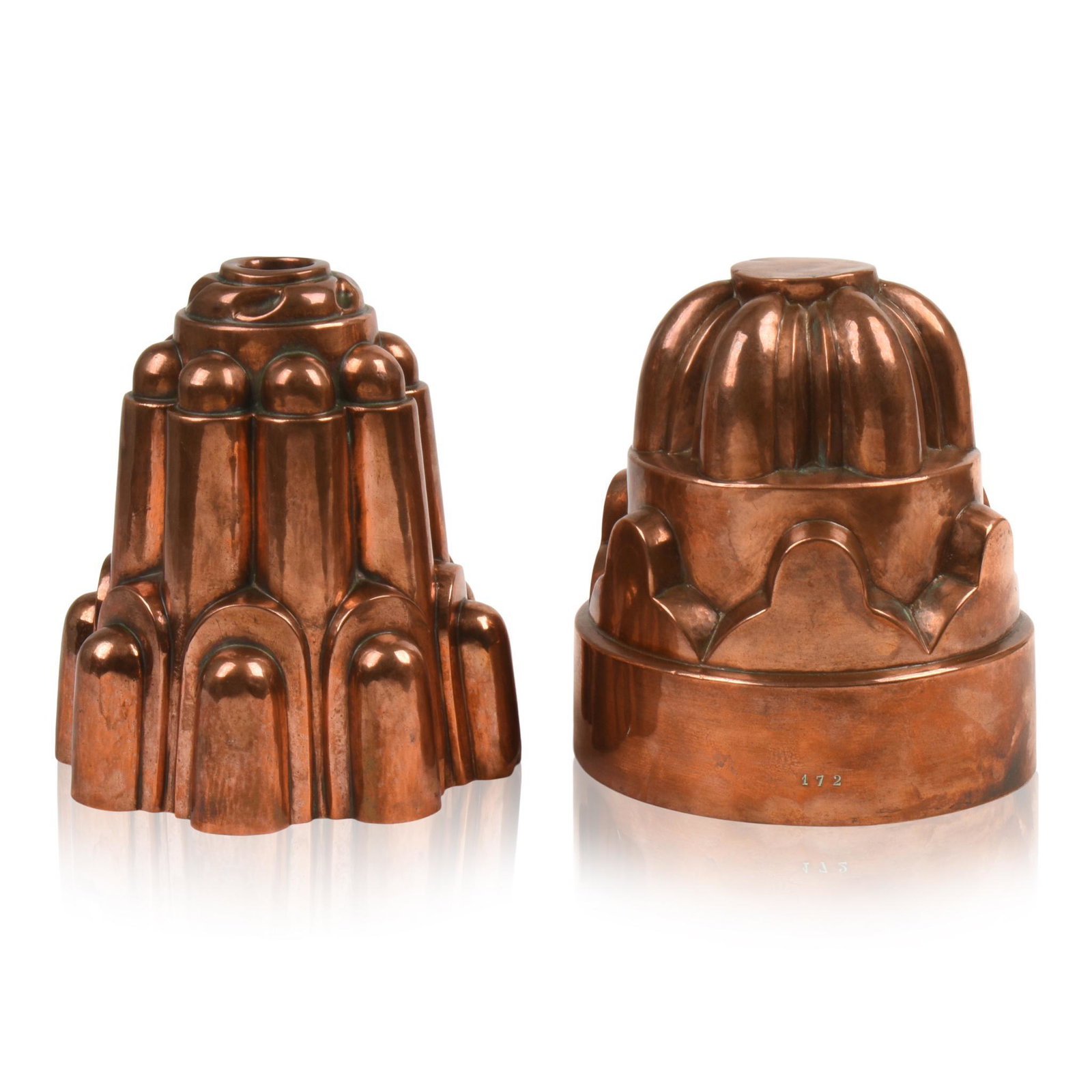 Two Large 19th Century Copper Food Molds.: One marked 172, the other marked 208. Possibly Benham & Froud, heights 7.5 and 7.75 inches. One with small dent at base.