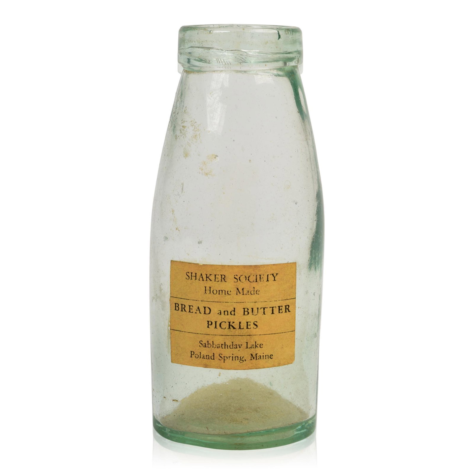 Sabathaday Lake Shaker Bread and Butter Pickles Jar: Height 6.125 inches, with original label.