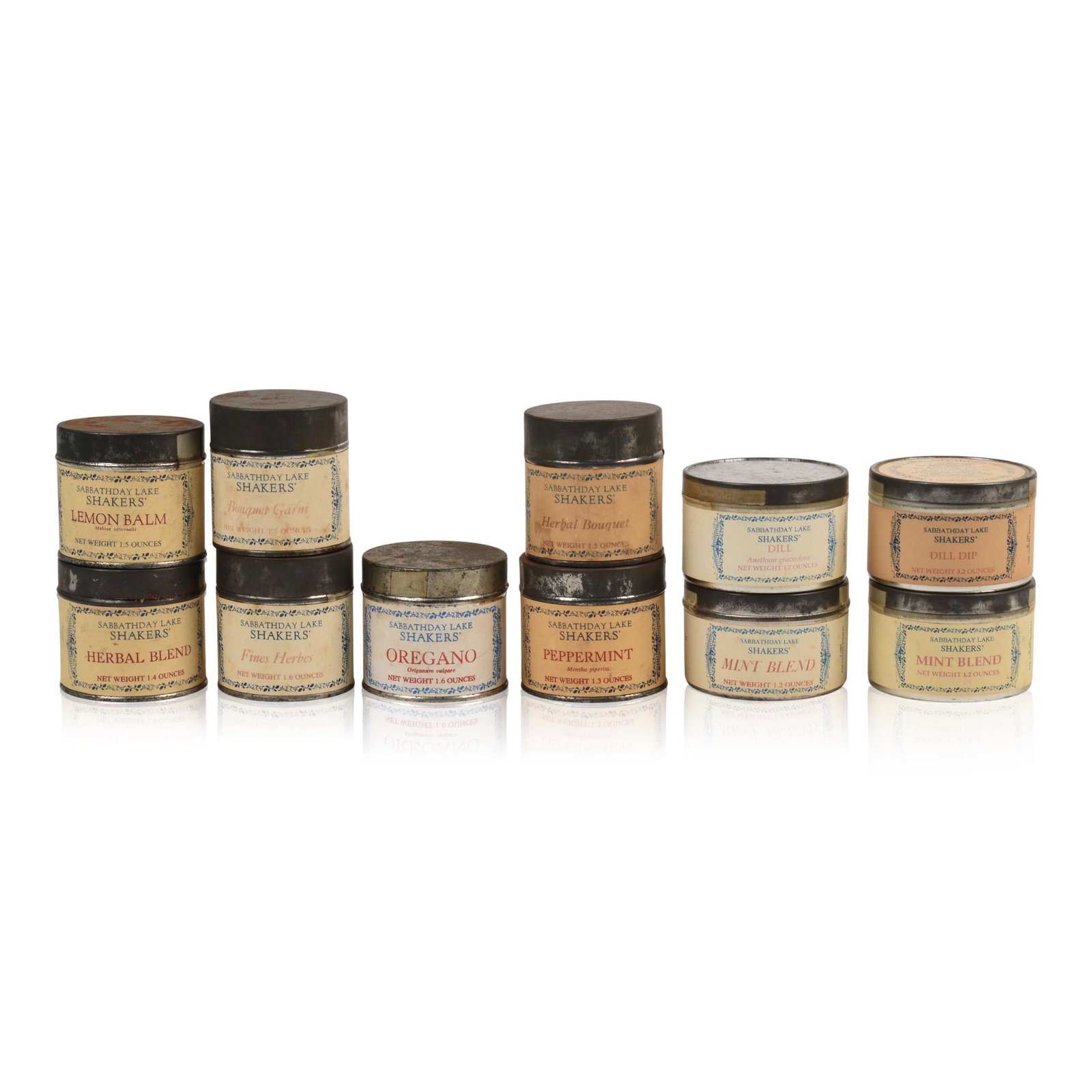 Eleven Sabbathday Lake Shaker Herb Tins: Seven dated 1977, four dated 1991, some with remants of herbs.