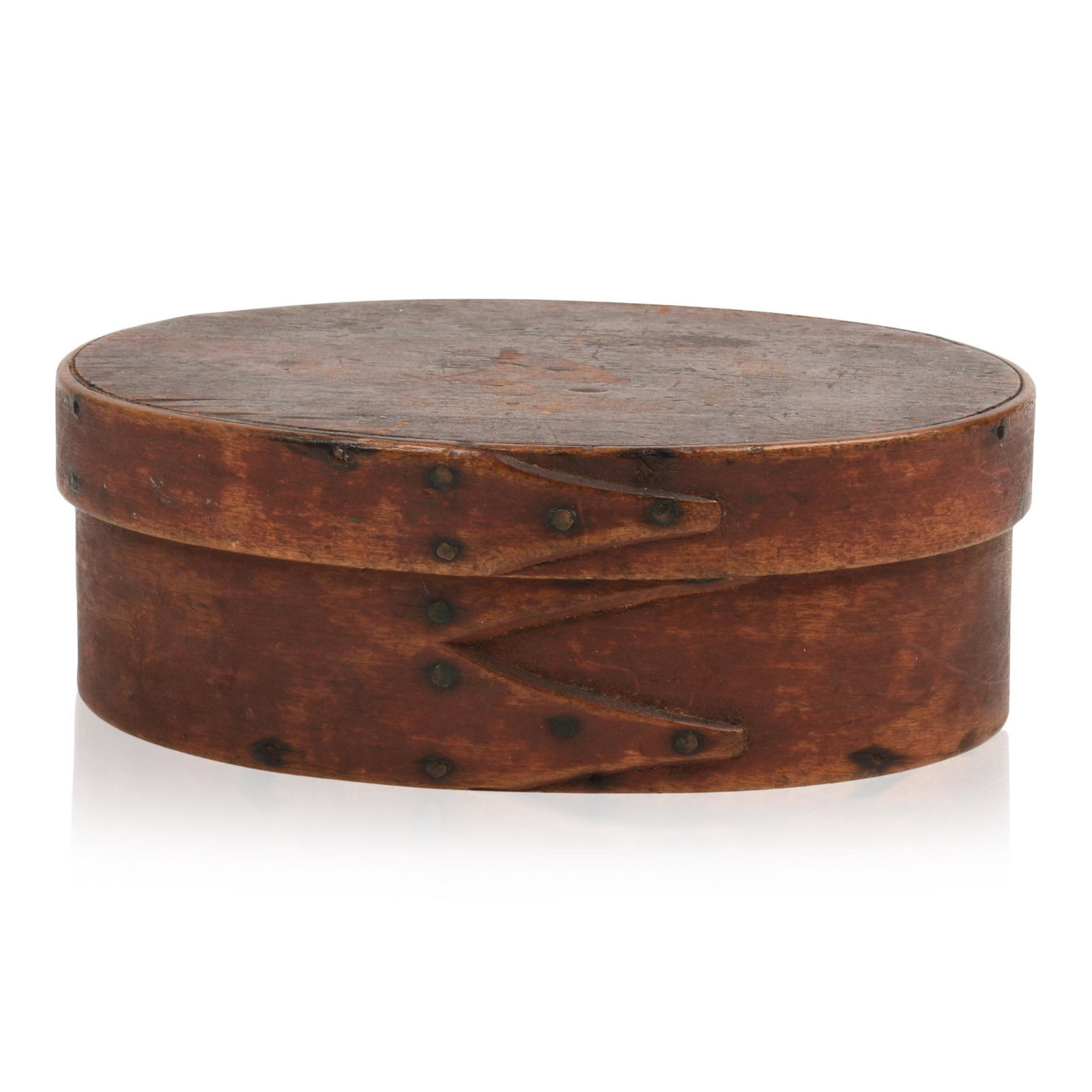Shaker Red Stained Bentwood Oval Box.: Length 6 inches, height 2 inches. Provenance: Christie's, The Collection of Peter and Barbara Goodman, January 20, 2022, lot 119; Hart-Tapley Antiques, Lynnfield, Massachusetts, October 1972. Lite