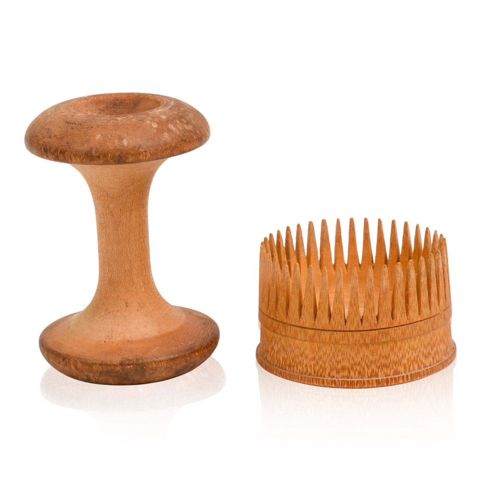 Shaker Wooden Comb and Apple Spool: Diameter of comb 2.125 inches, length of spool 2.75 inches.