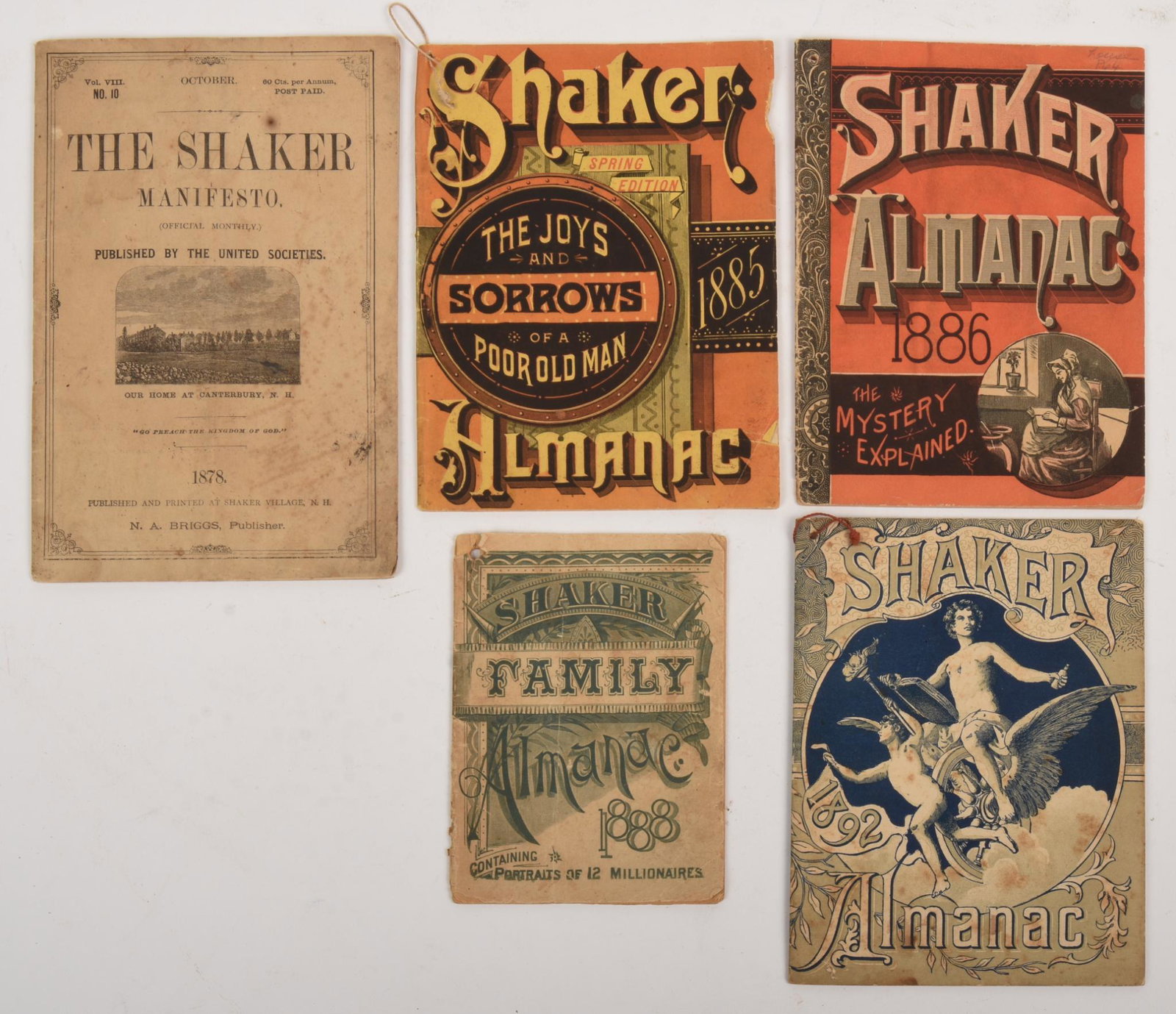 Four Shaker Almanacs: 1888, 1892, 1886, and 1885. Together with Shaker Manifesto, 1878