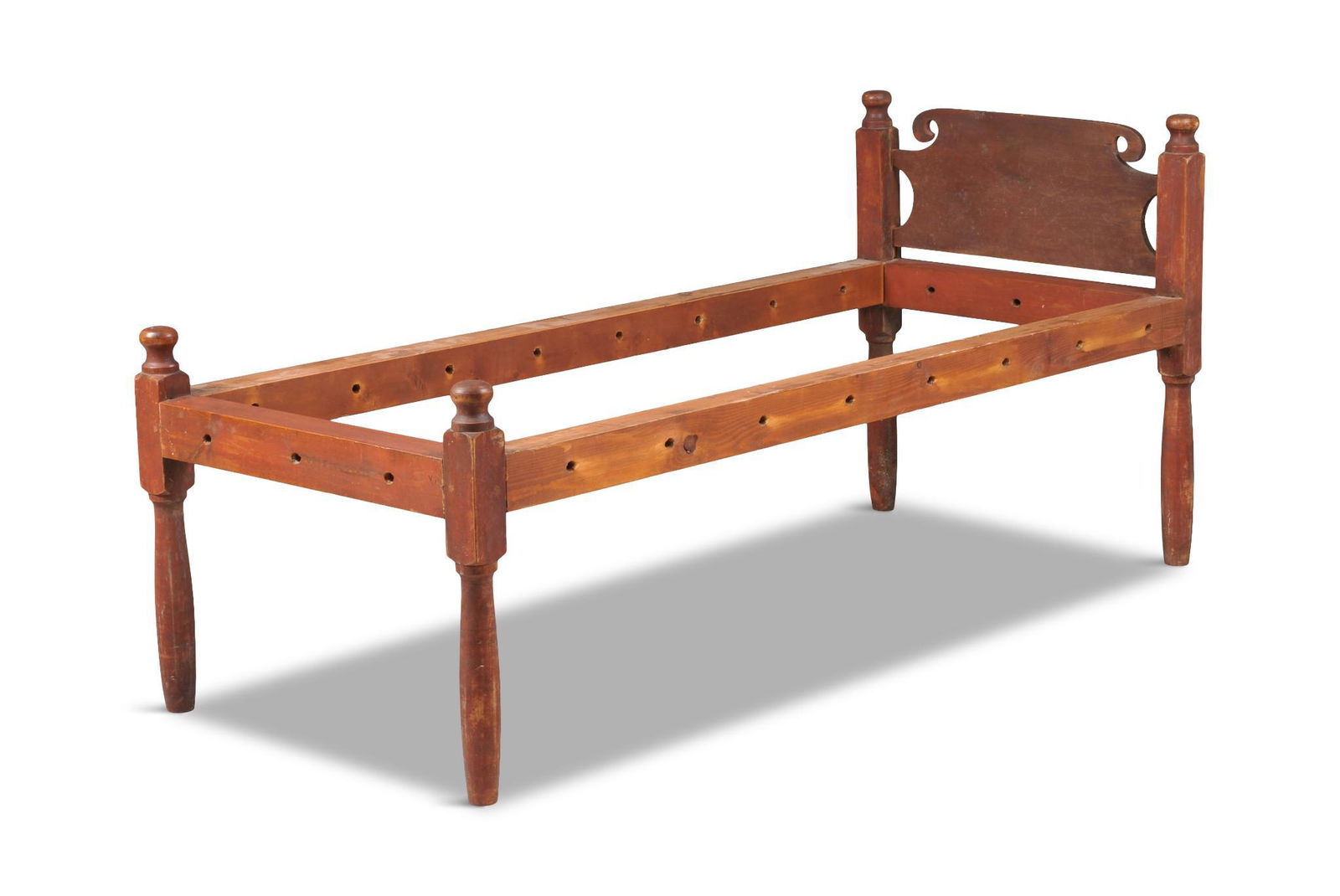 New England Bed in Red Paint.: Length 75 inches, width 30 inches, height of headboard 33.5 inches.