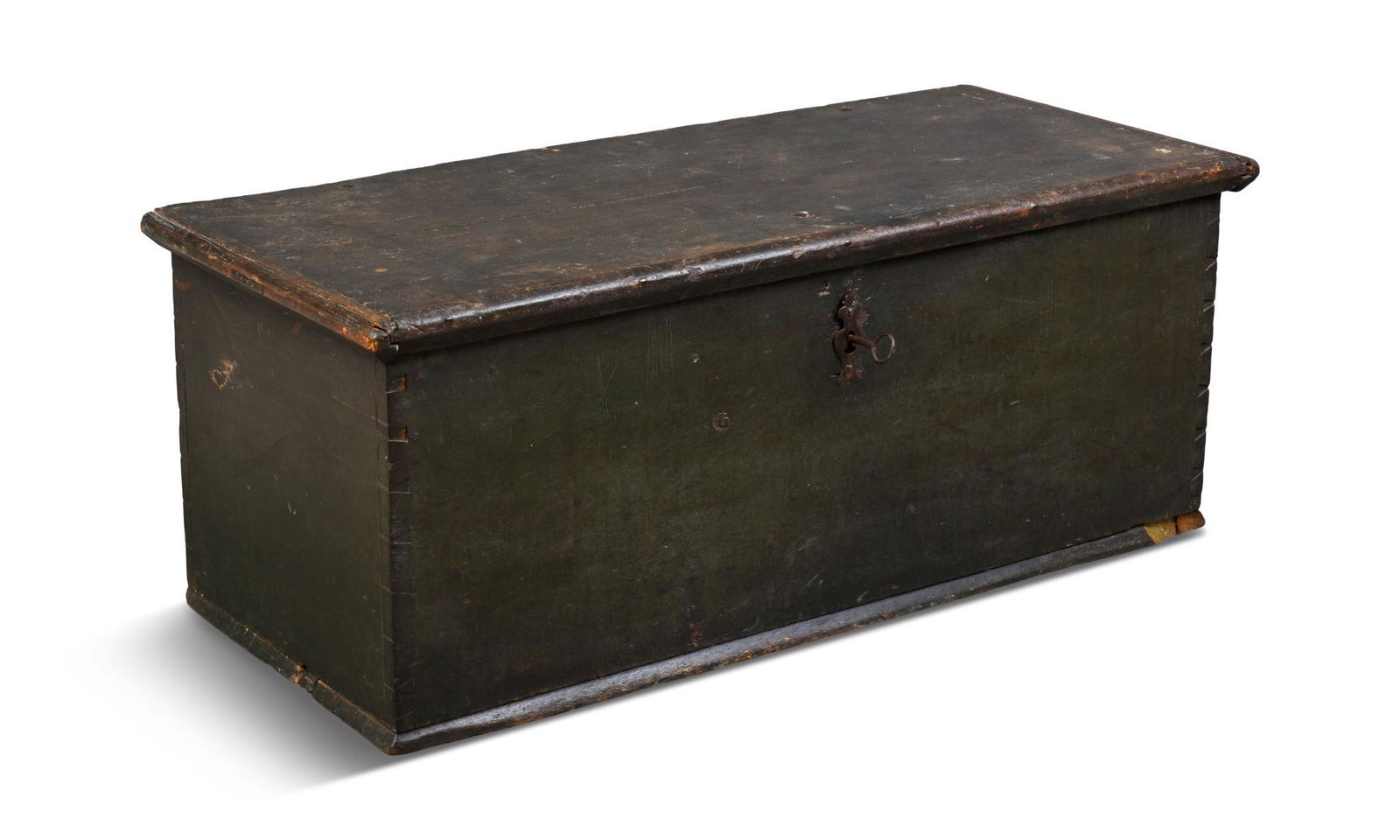 Large Six Board Chest in Old Black Paint. (1 of 4)