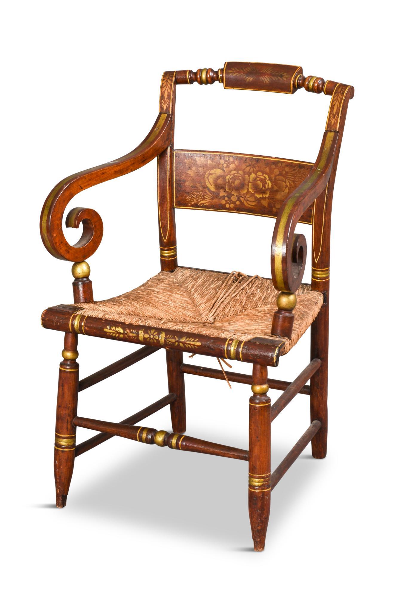 Sheraton Fancy Painted Side Chair.: In red and gold paint, with rush seat. Seat height 16 inches, overall height 32 inches. Some damage to rush.