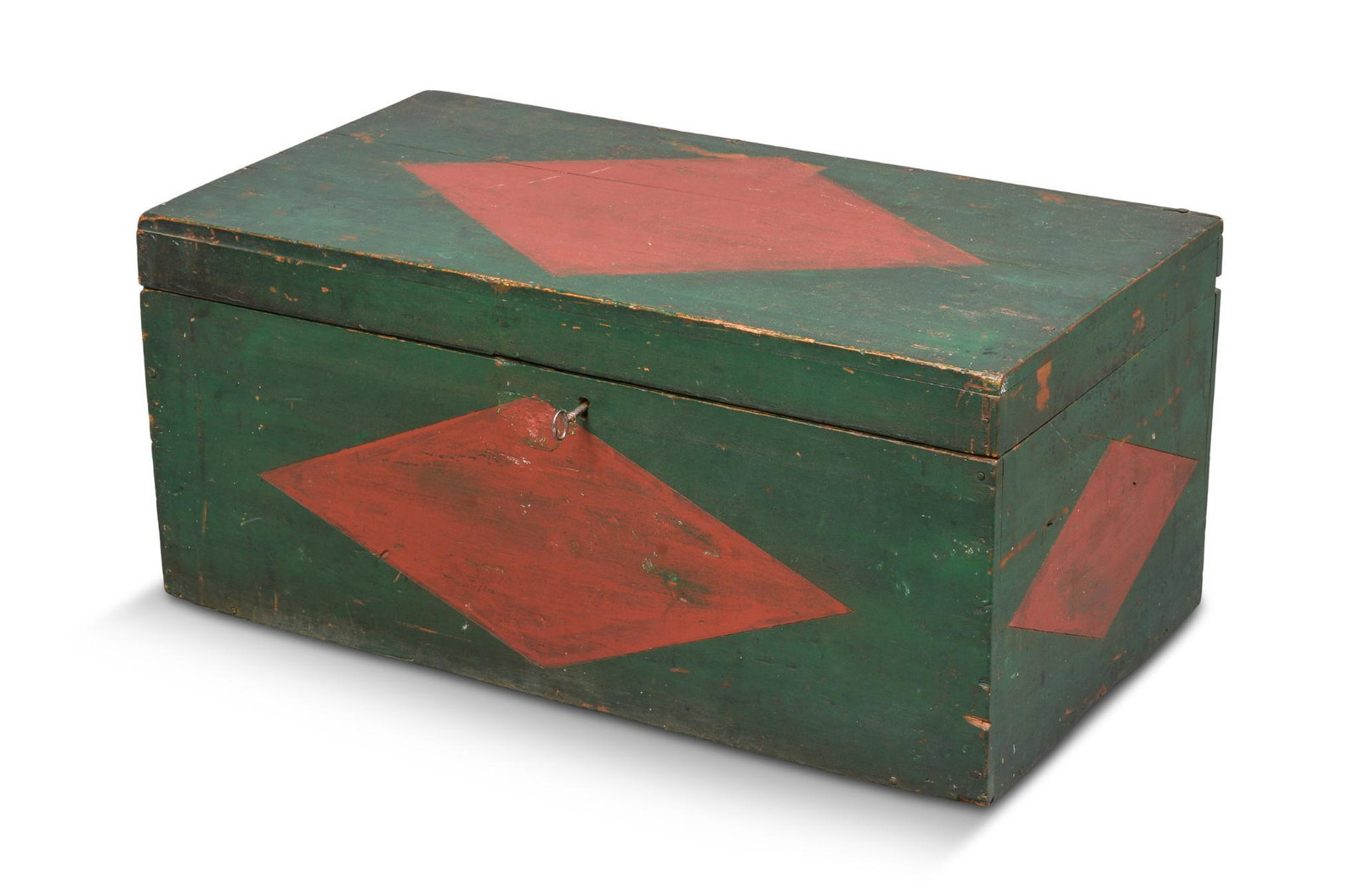 New England Painted Box With Diamond Decoration.: Pine, 19th century, height 12.5 inches, width 27.5 inches, depth 15 inches.
