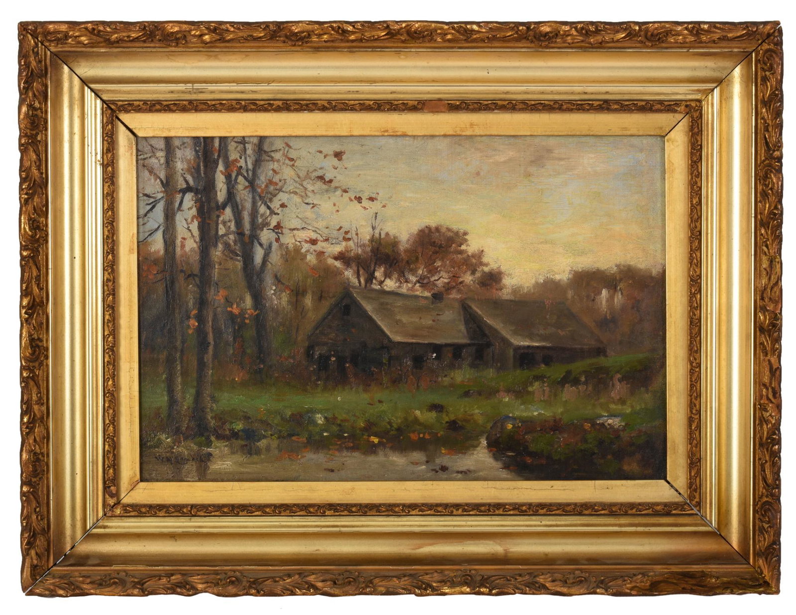 Wilbur H. Lansil (1855-1897) House in the Woods.: Oil on canvas, signed LL. 13 x 19 inches. Framed, 19 x 25 inches.