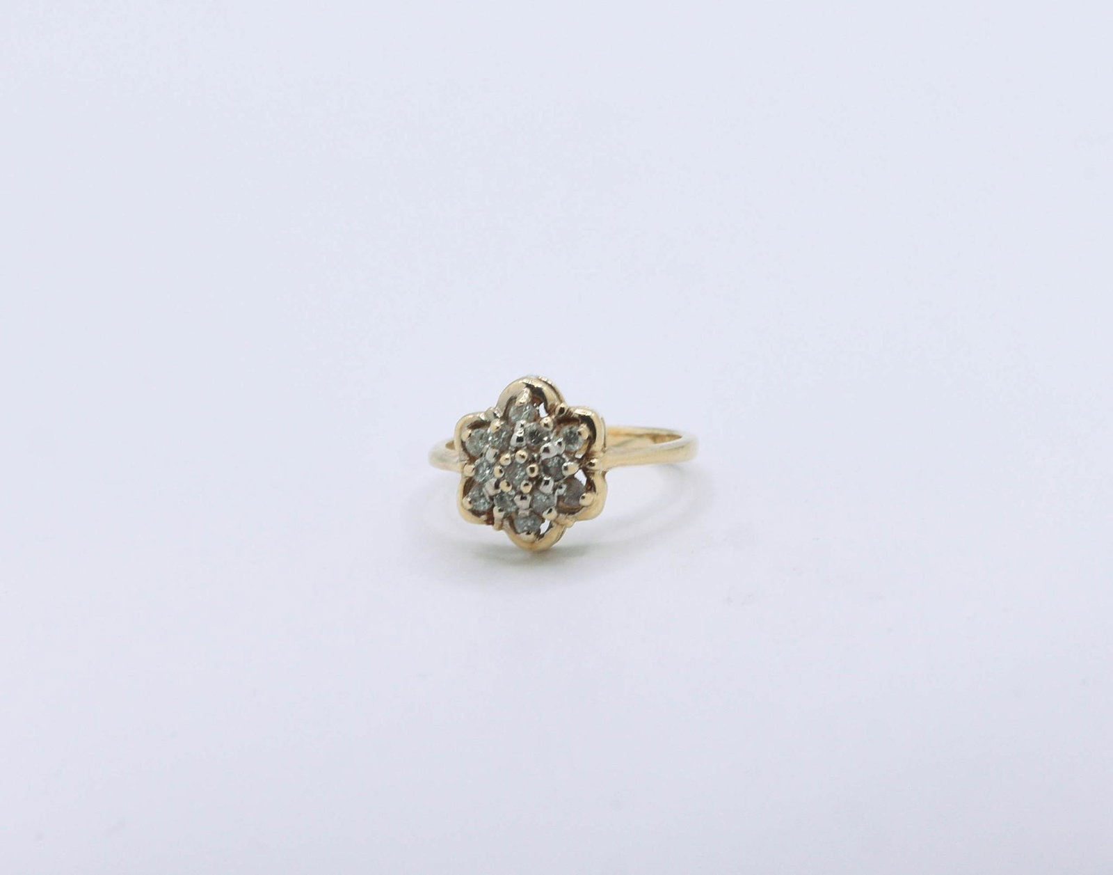 14K Yellow Gold Diamond Cluster Ring: 13) Diamond Melee Cluster Ring 2.6 grams. Size 3.5