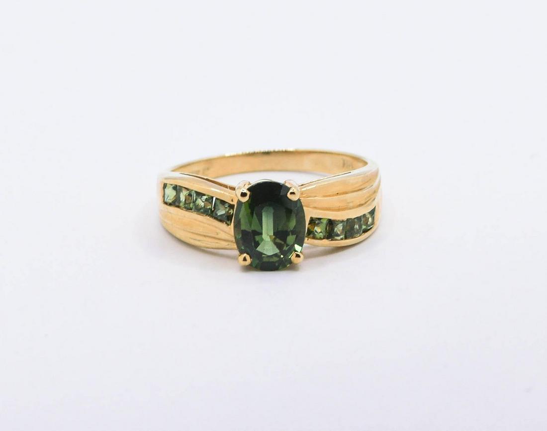 14K Green Sapphire Ring: 8mm X 6mm Oval Center with 8 Square Channel Set Ring Size 7.25, 3.4 grams